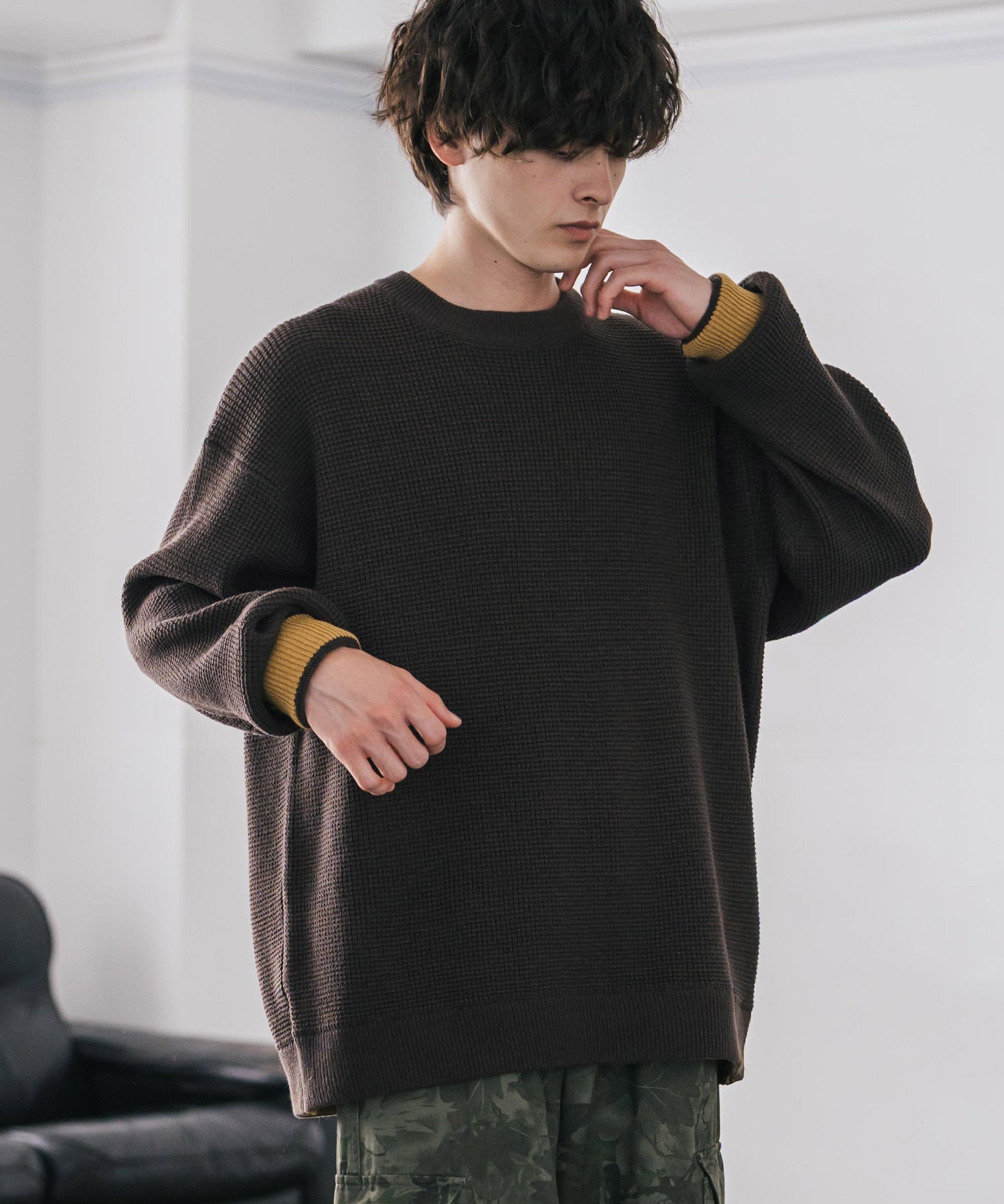 ロッキーモンロー Rocky Monroe ワッフルニット セーター 無地 メンズ レディース 長袖 配色 綿混 オーバーサイズ ビッグシルエット リラックス カジュアル きれいめ 洗える 14546 (グリーン) グリーン