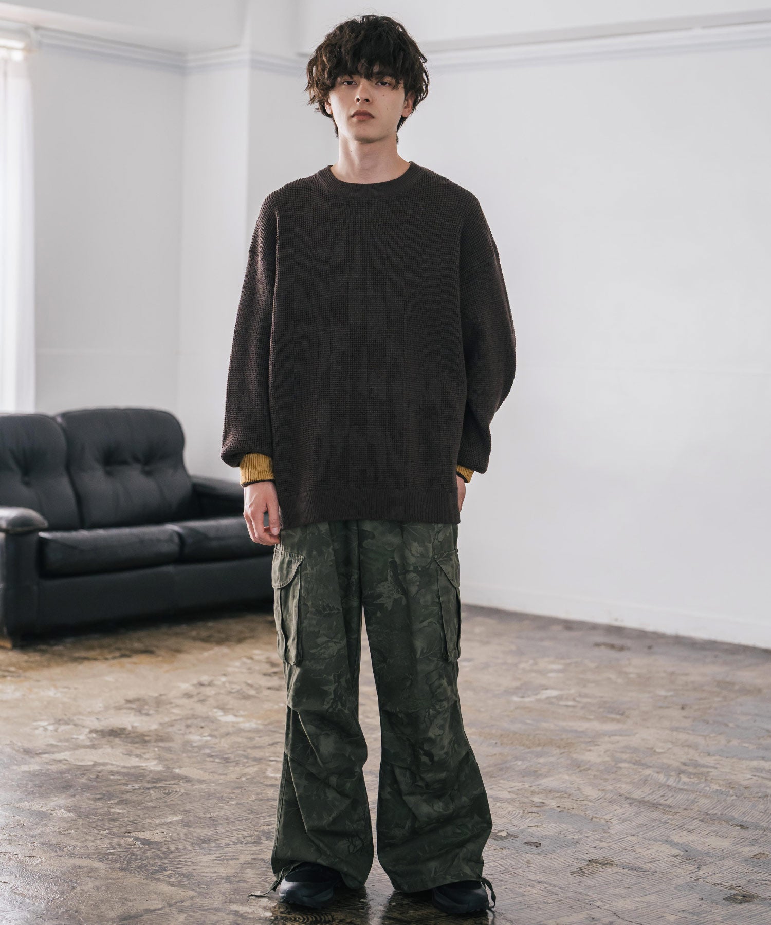 ロッキーモンロー Rocky Monroe ワッフルニット セーター 無地 メンズ レディース 長袖 配色 綿混 オーバーサイズ ビッグシルエット リラックス カジュアル きれいめ 洗える 14546 (グリーン) グリーン