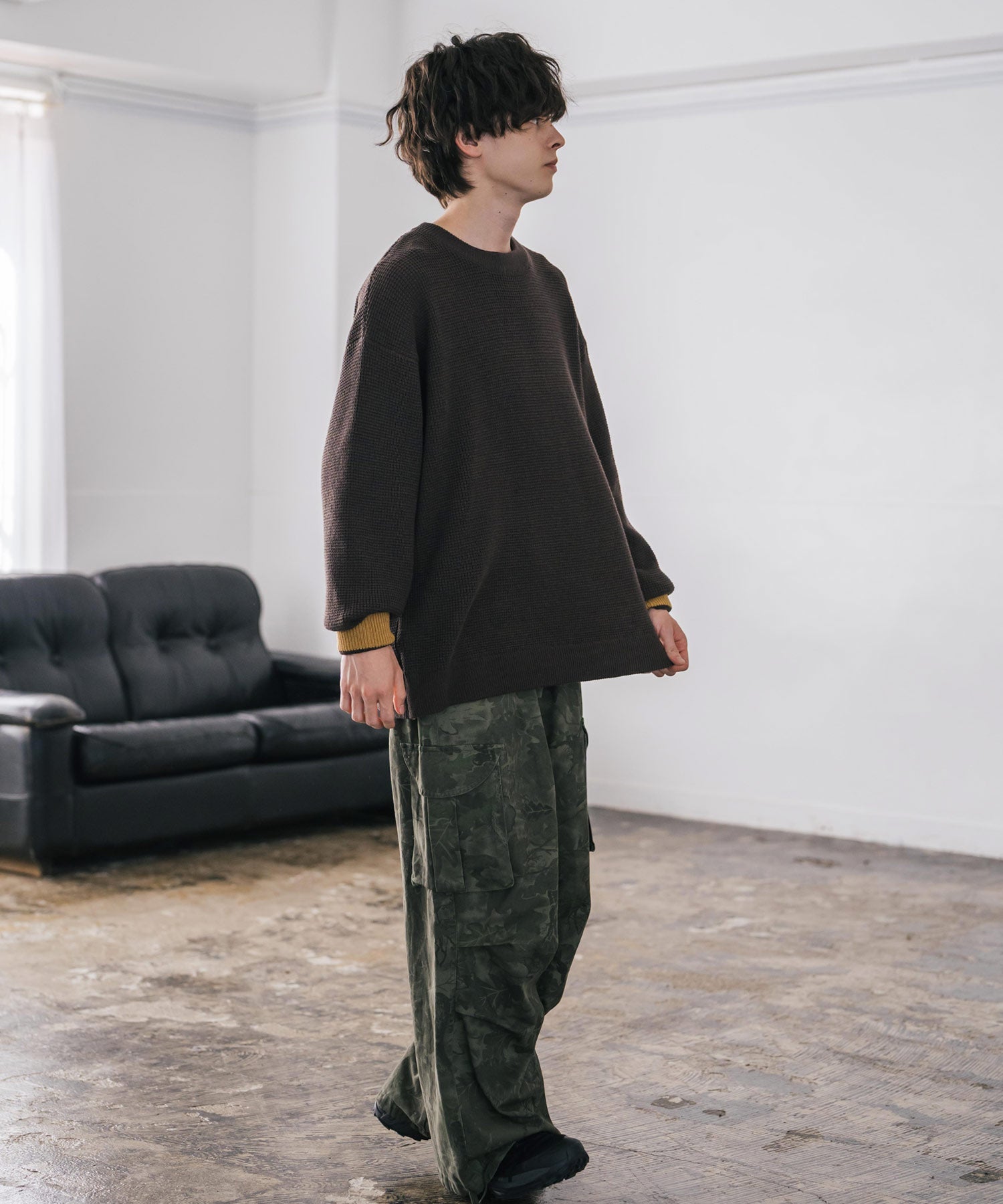 ロッキーモンロー Rocky Monroe ワッフルニット セーター 無地 メンズ レディース 長袖 配色 綿混 オーバーサイズ ビッグシルエット リラックス カジュアル きれいめ 洗える 14546 (グリーン) グリーン