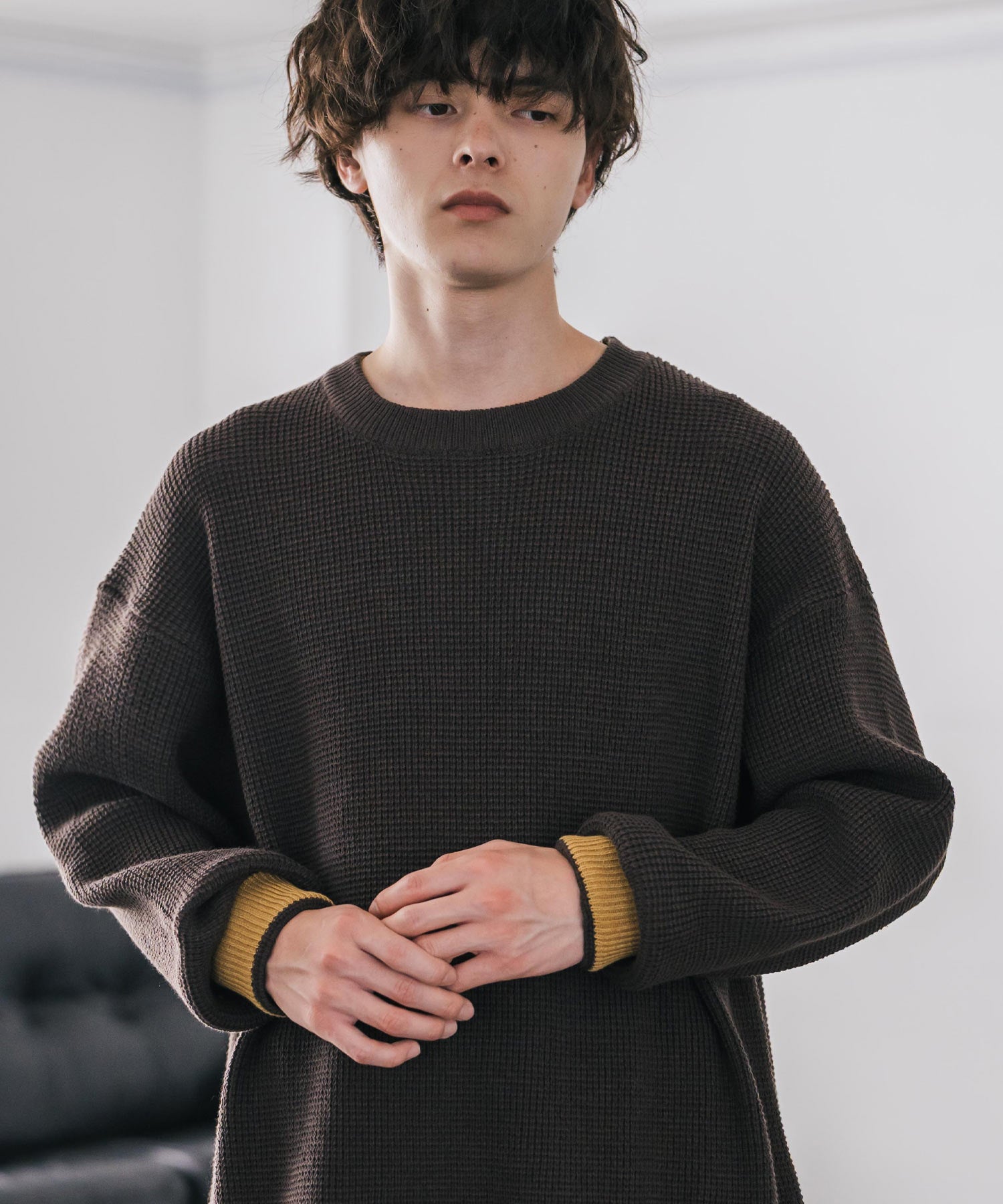 ロッキーモンロー Rocky Monroe ワッフルニット セーター 無地 メンズ レディース 長袖 配色 綿混 オーバーサイズ ビッグシルエット リラックス カジュアル きれいめ 洗える 14546 (グリーン) グリーン