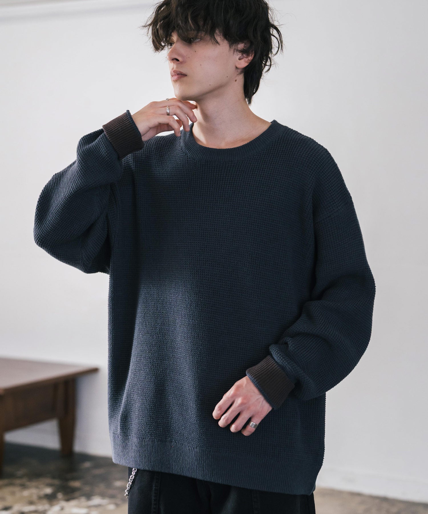 ロッキーモンロー Rocky Monroe ワッフルニット セーター 無地 メンズ レディース 長袖 配色 綿混 オーバーサイズ ビッグシルエット リラックス カジュアル きれいめ 洗える 14546 (チャコール) チャコール