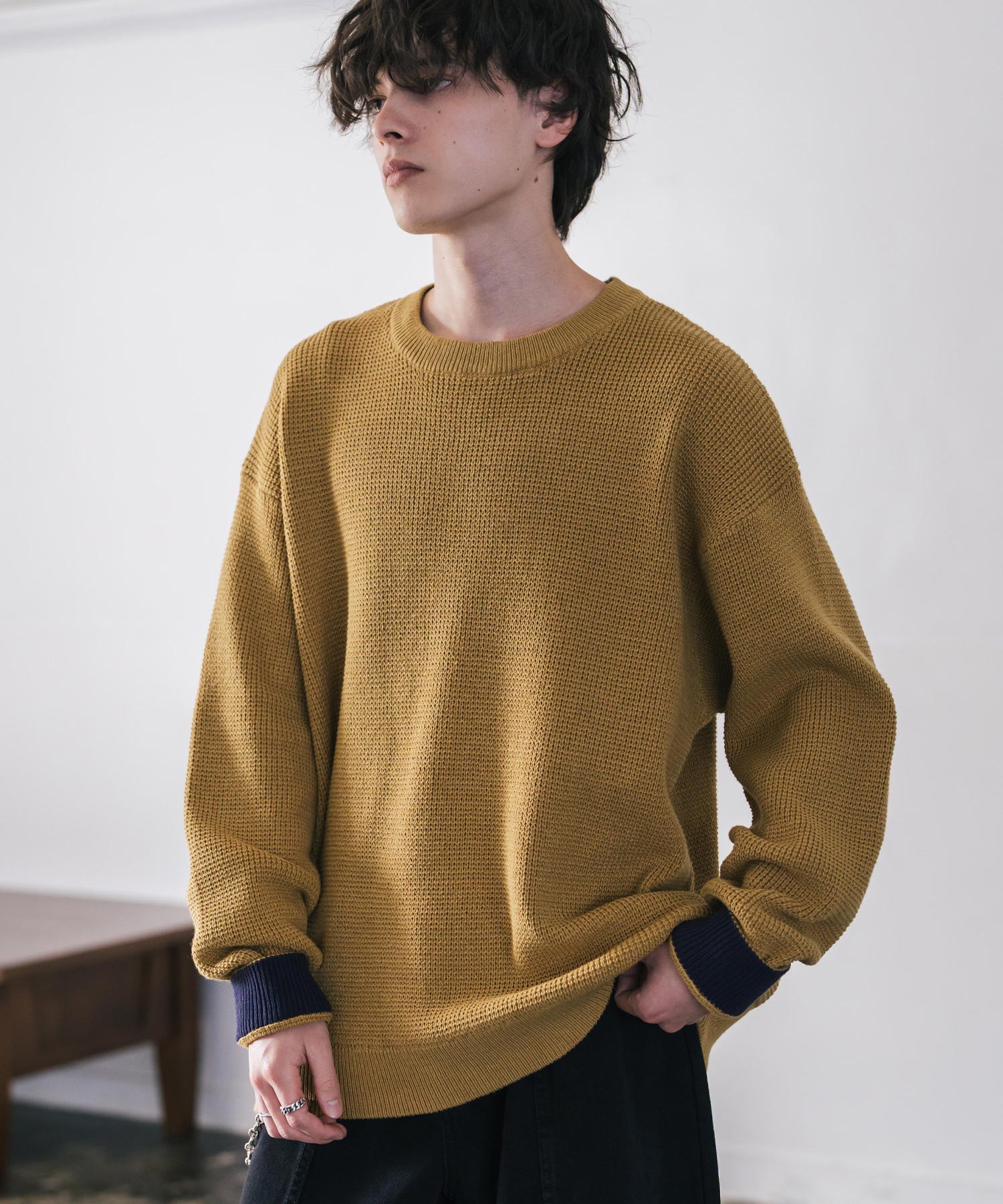 ロッキーモンロー Rocky Monroe ワッフルニット セーター 無地 メンズ レディース 長袖 配色 綿混 オーバーサイズ ビッグシルエット リラックス カジュアル きれいめ 洗える 14546 (マスタード) マスタード