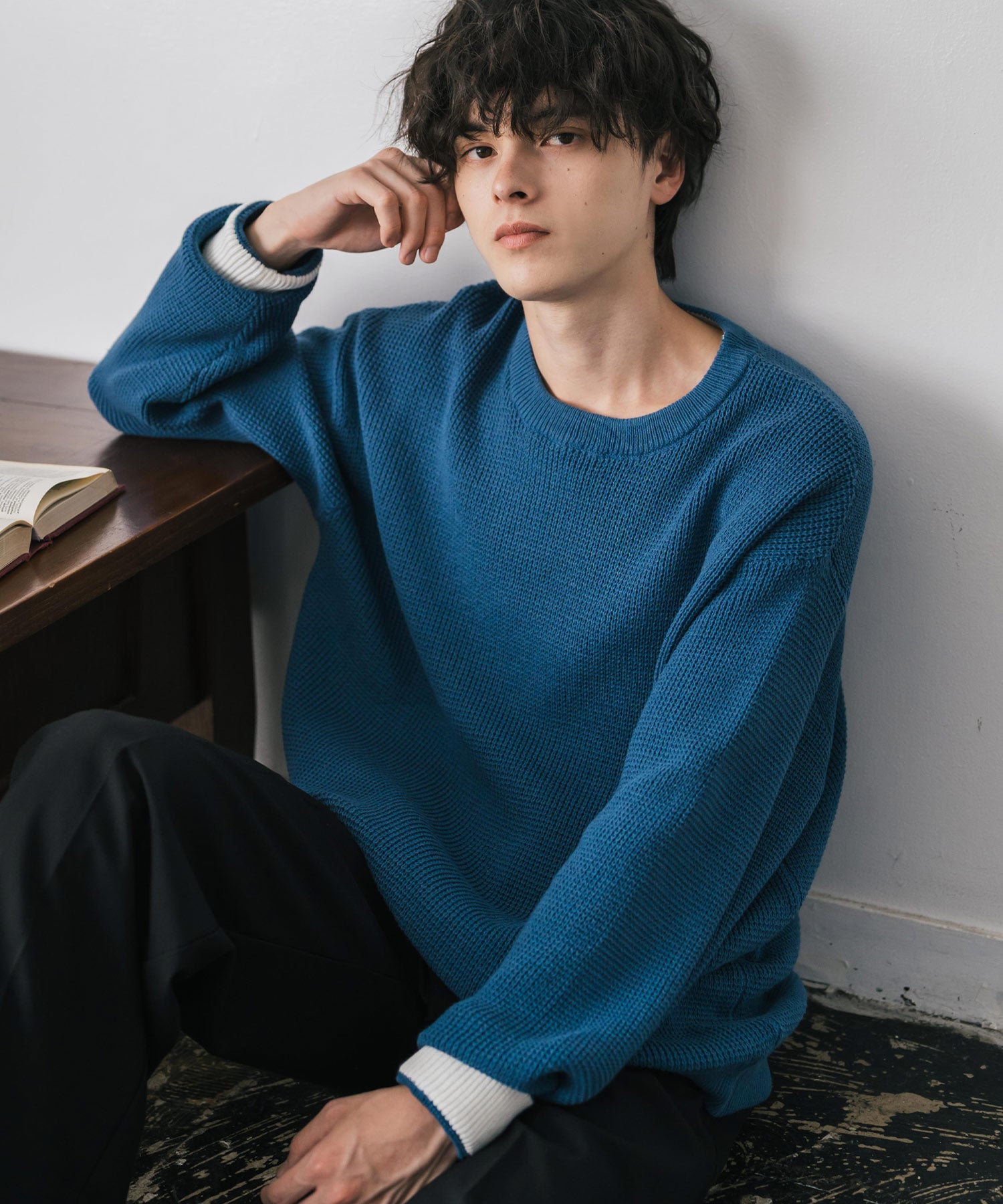 ロッキーモンロー Rocky Monroe ワッフルニット セーター 無地 メンズ レディース 長袖 配色 綿混 オーバーサイズ ビッグシルエット リラックス カジュアル きれいめ 洗える 14546 (ブルー) ブルー