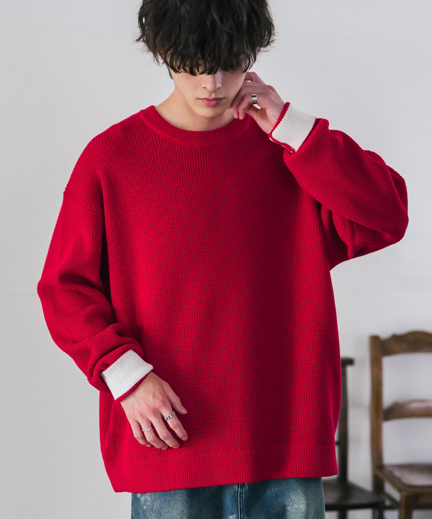 ロッキーモンロー Rocky Monroe ワッフルニット セーター 無地 メンズ レディース 長袖 配色 綿混 オーバーサイズ ビッグシルエット リラックス カジュアル きれいめ 洗える 14546 (レッド) レッド