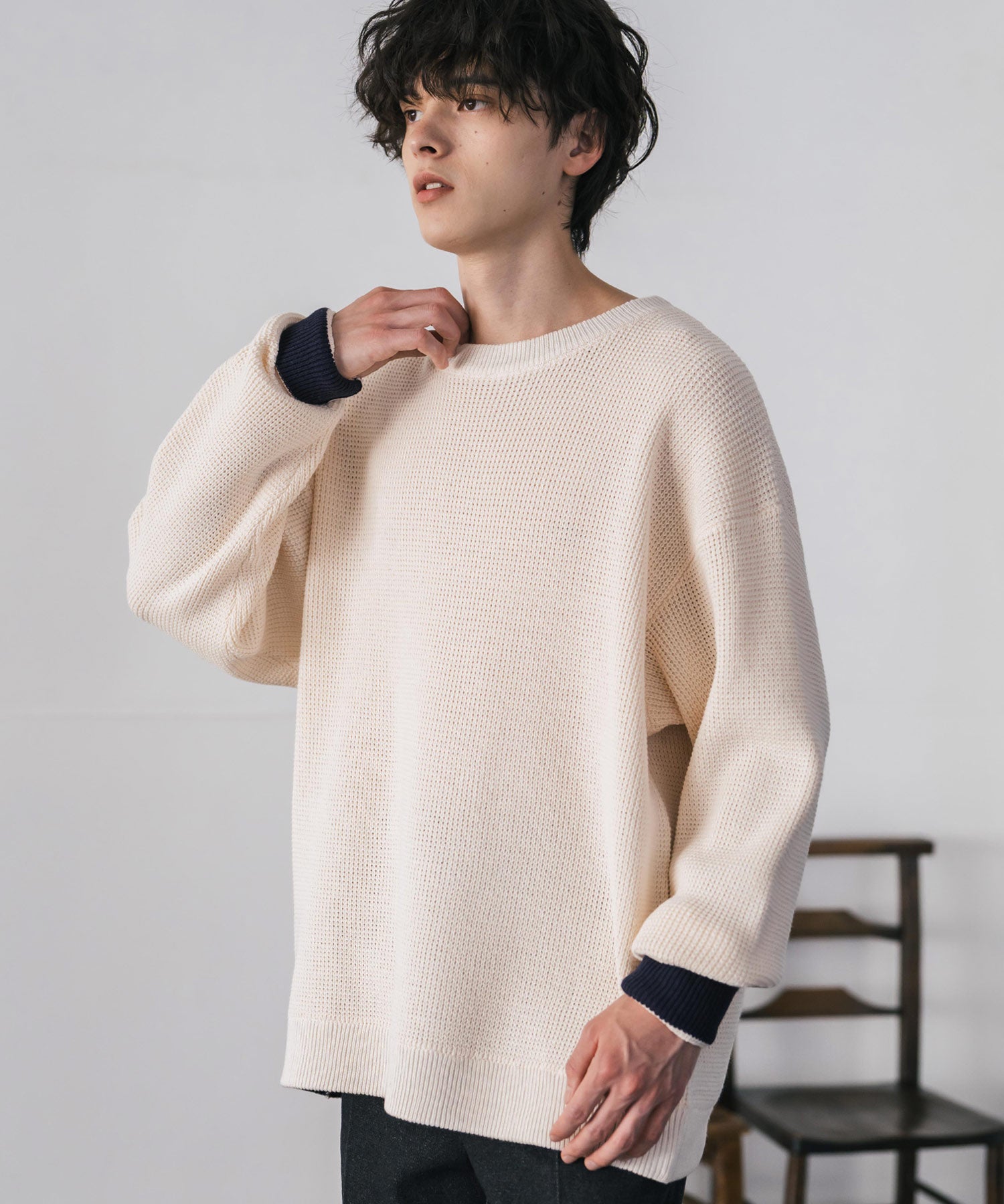 ロッキーモンロー Rocky Monroe ワッフルニット セーター 無地 メンズ レディース 長袖 配色 綿混 オーバーサイズ ビッグシルエット リラックス カジュアル きれいめ 洗える 14546 (オフ) オフ