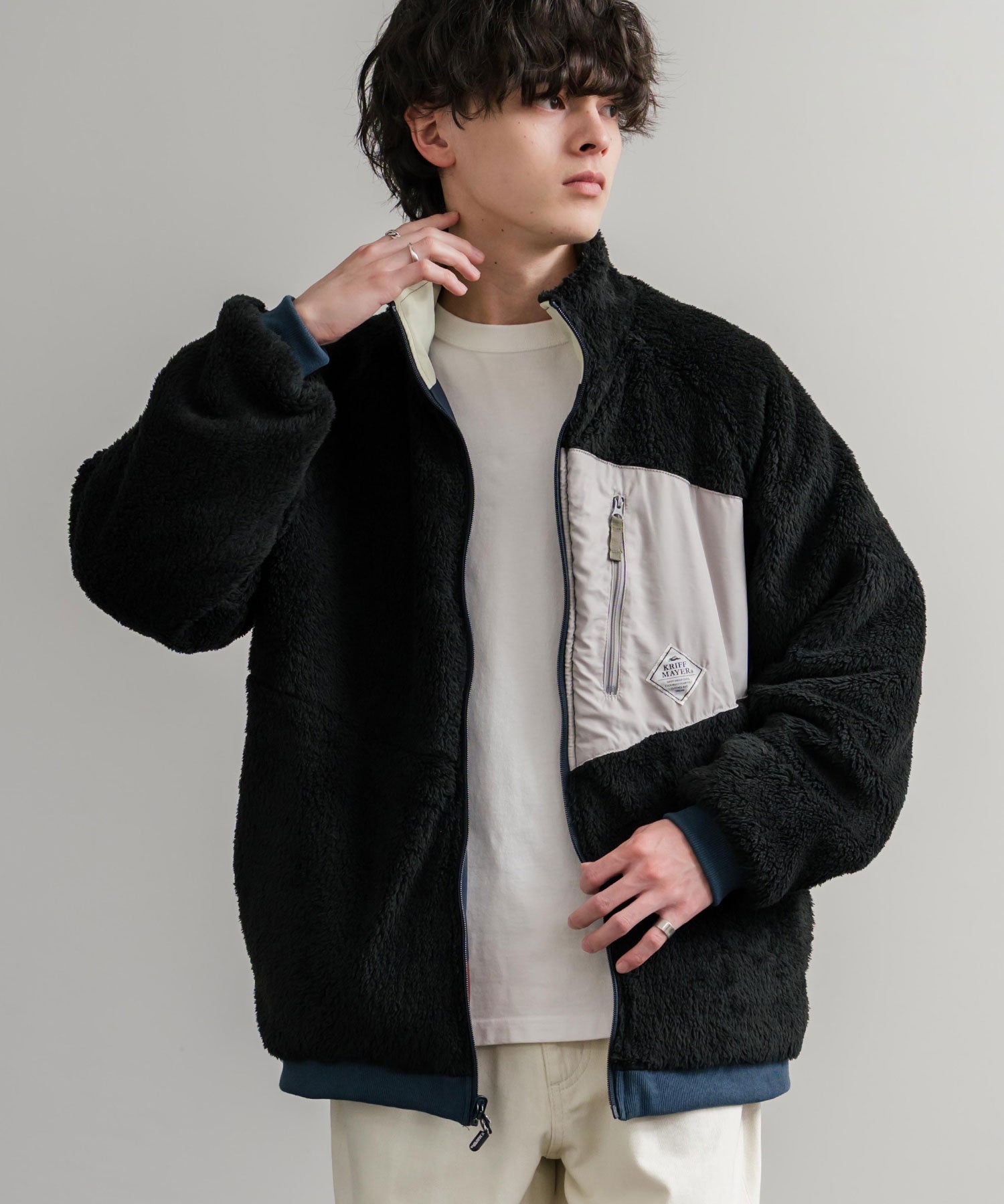 ロッキーモンロー Rocky Monroe ボアジャケット スタンドネック ブルゾン メンズ レディース フリース リバーシブル 2WAY ワッペン KRIFF MAYER 2514404 14796 (110.マルチ2) 110.マルチ2