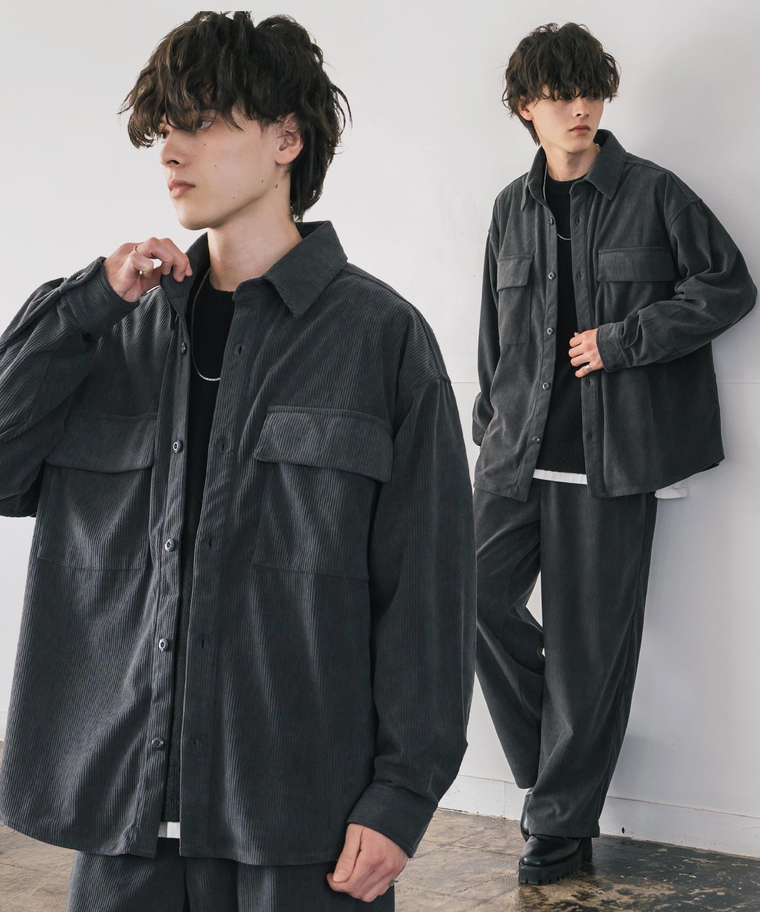 ロッキーモンロー Rocky Monroe セットアップ コーデュロイ メンズ CPOジャケット シャツアウター カバーオール ワイドパンツ イージー テーパード 上下 ライトアウター 14686 (チャコール) チャコール