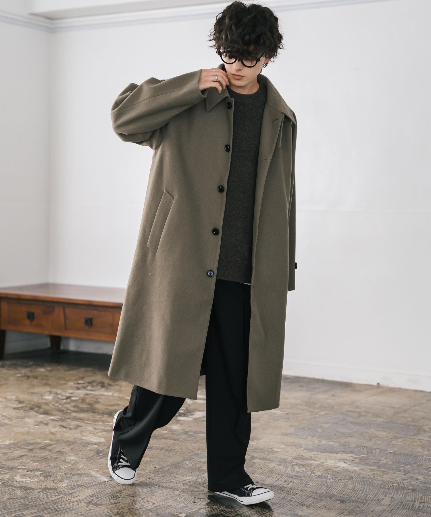 ロッキーモンロー Rocky Monroe ステンカラーコート ロング 2Way チンストラップ メンズ レディース アウター テックメルトン オーバーサイズ ラグラン 無地 チェック 14616 (グレージュ) グレージュ