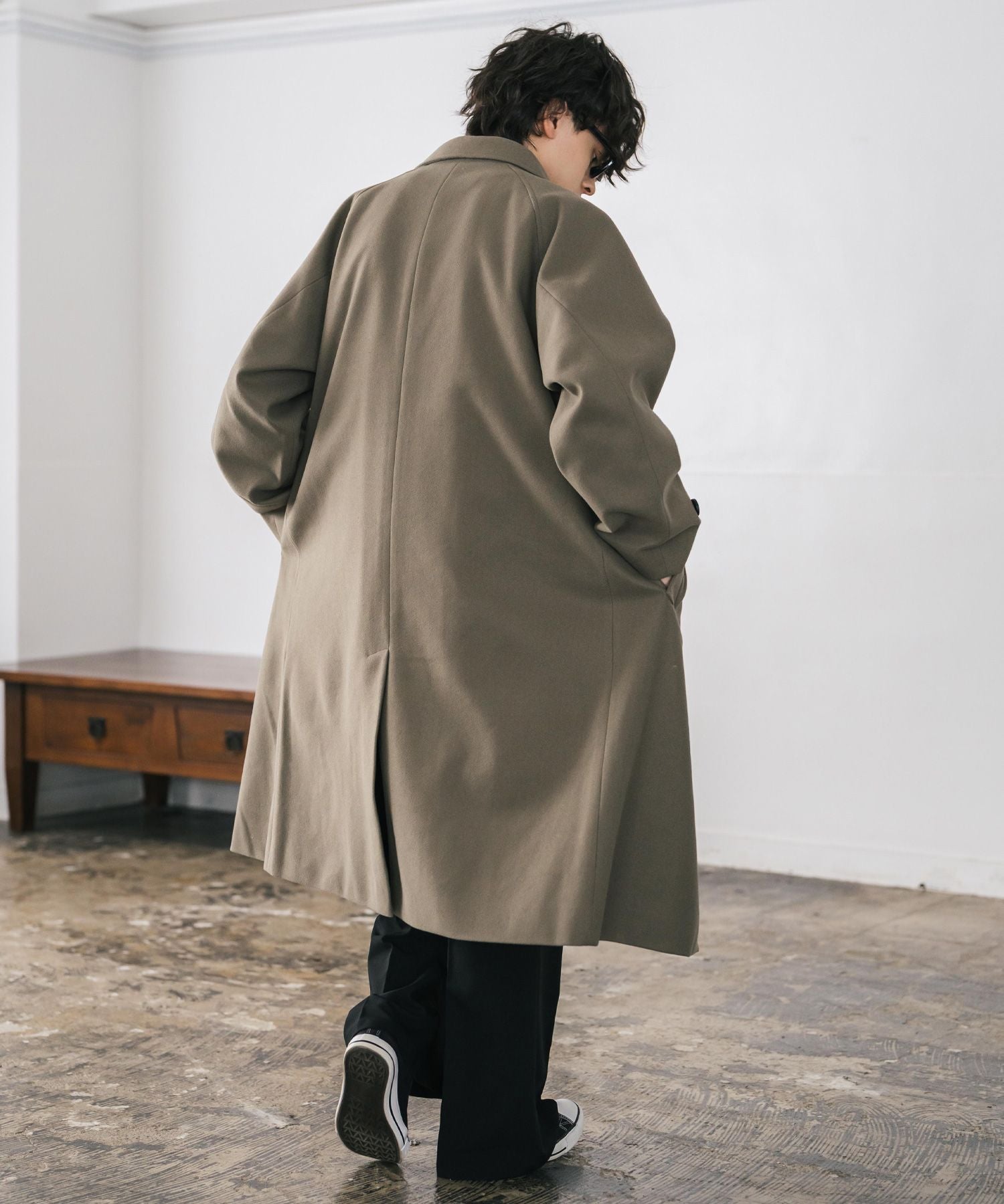 ロッキーモンロー Rocky Monroe ステンカラーコート ロング 2Way チンストラップ メンズ レディース アウター テックメルトン オーバーサイズ ラグラン 無地 チェック 14616 (グレージュ) グレージュ