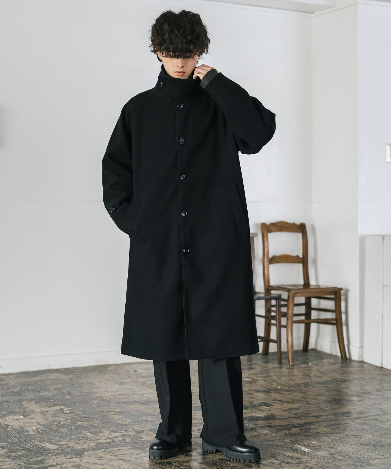 ロッキーモンロー Rocky Monroe ステンカラーコート ロング 2Way チンストラップ メンズ レディース アウター テックメルトン オーバーサイズ ラグラン 無地 チェック 14616 (グレージュ) グレージュ