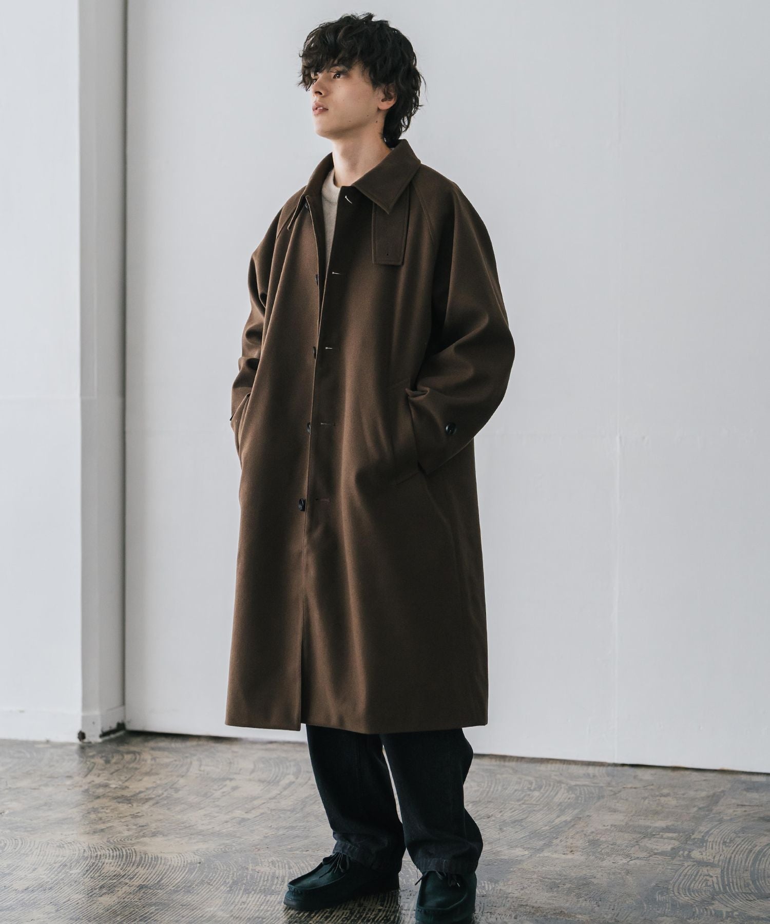 ロッキーモンロー Rocky Monroe ステンカラーコート ロング 2Way チンストラップ メンズ レディース アウター テックメルトン オーバーサイズ ラグラン 無地 チェック 14616 (グレージュ) グレージュ