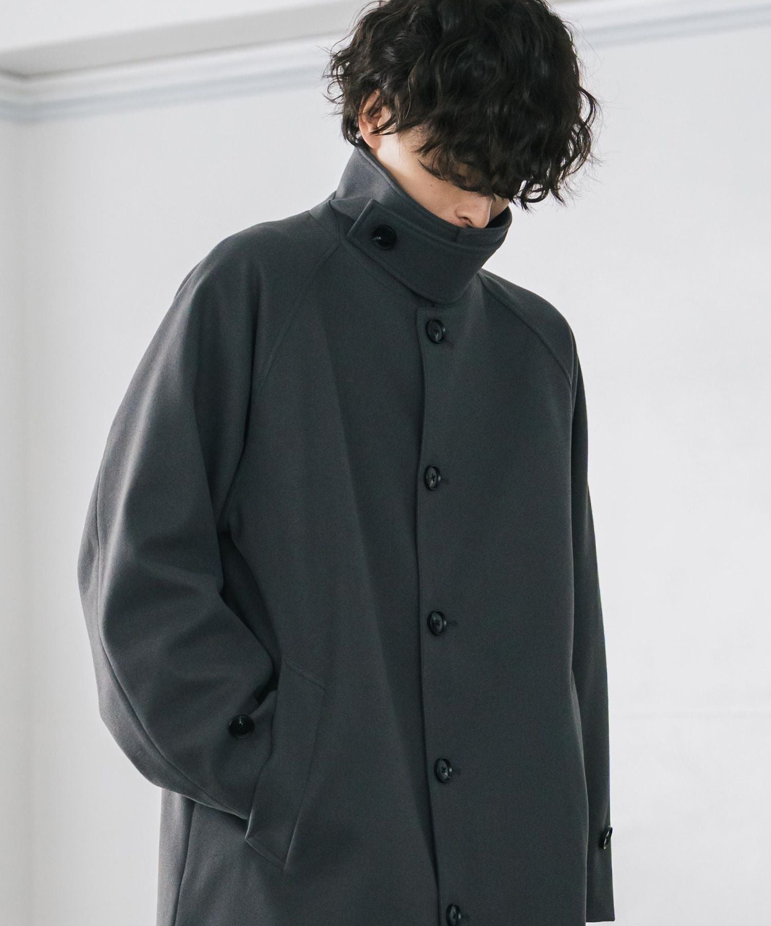 ロッキーモンロー Rocky Monroe ステンカラーコート ロング 2Way チンストラップ メンズ レディース アウター テックメルトン オーバーサイズ ラグラン 無地 チェック 14616 (グレージュ) グレージュ