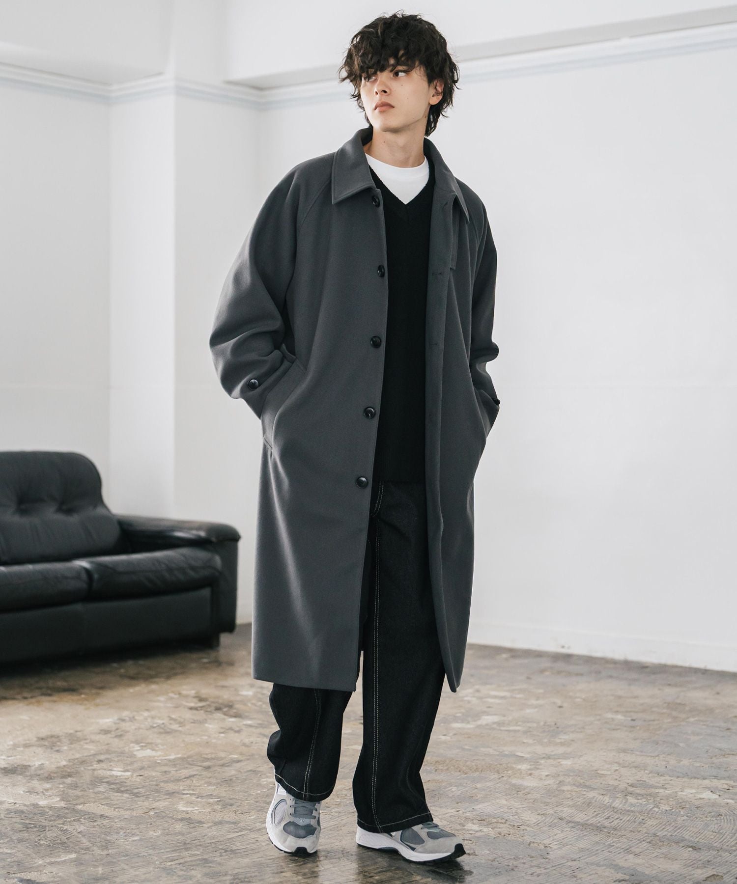 ロッキーモンロー Rocky Monroe ステンカラーコート ロング 2Way チンストラップ メンズ レディース アウター テックメルトン オーバーサイズ ラグラン 無地 チェック 14616 (グレージュ) グレージュ