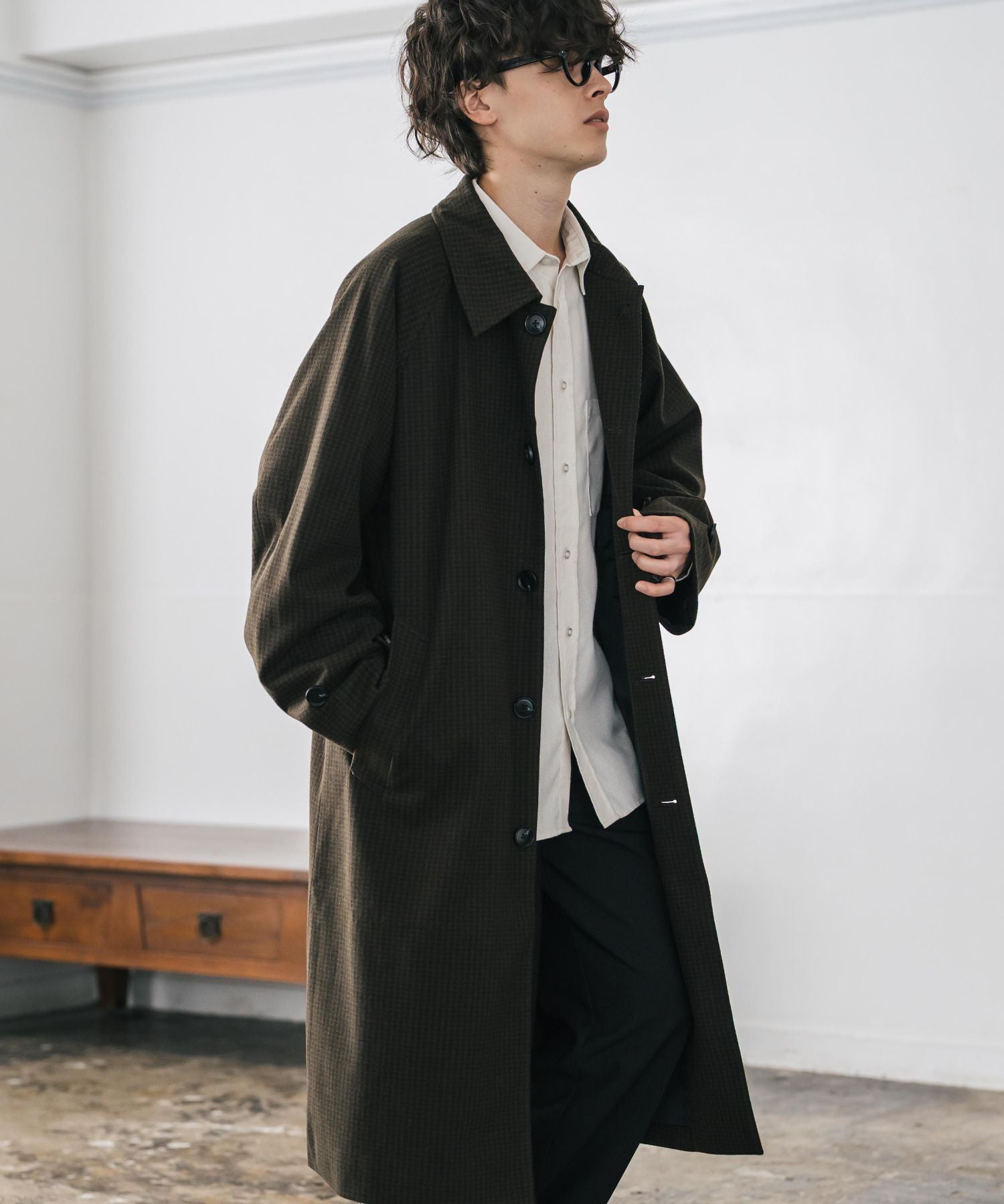 ロッキーモンロー Rocky Monroe ステンカラーコート ロング 2Way チンストラップ メンズ レディース アウター テックメルトン オーバーサイズ ラグラン 無地 チェック 14616 (チェック) チェック