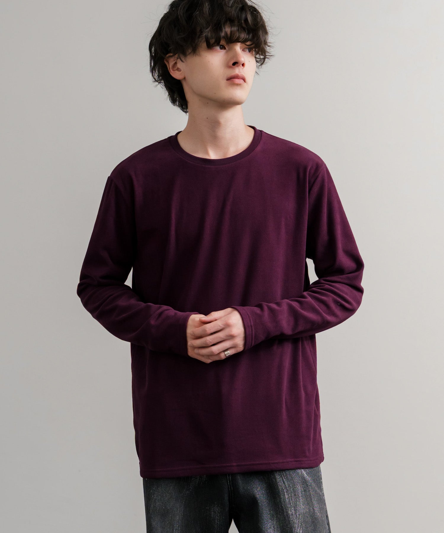 ロッキーモンロー Rocky Monroe カットソー フリース 長袖 メンズ レディース Tシャツ ロンT リラックス ストレッチ 無地 クルーネック 保温 ベーシック シンプル カジュアル 14854 (4.ワイン) 4.ワイン