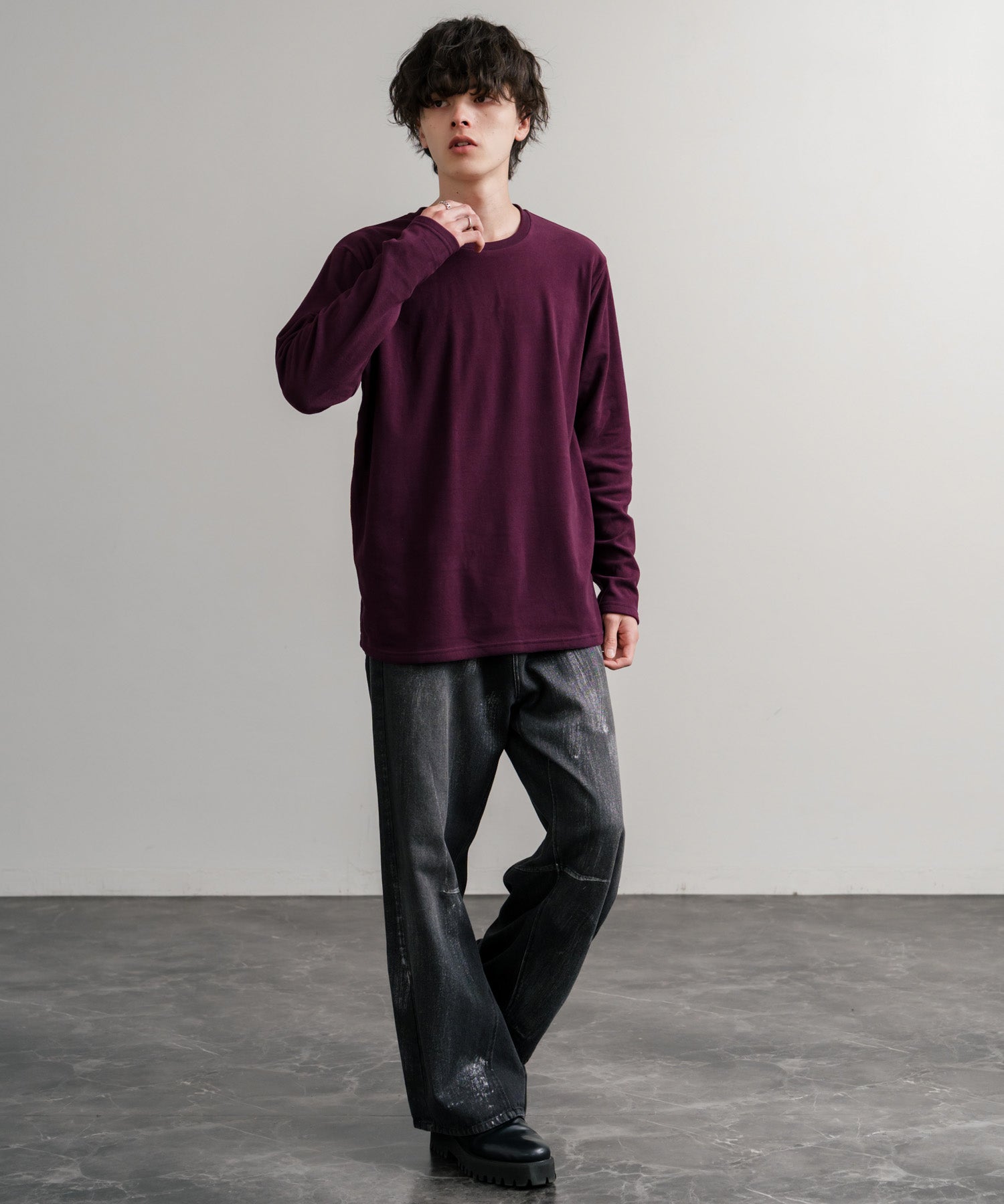 ロッキーモンロー Rocky Monroe カットソー フリース 長袖 メンズ レディース Tシャツ ロンT リラックス ストレッチ 無地 クルーネック 保温 ベーシック シンプル カジュアル 14854 (4.ワイン) 4.ワイン