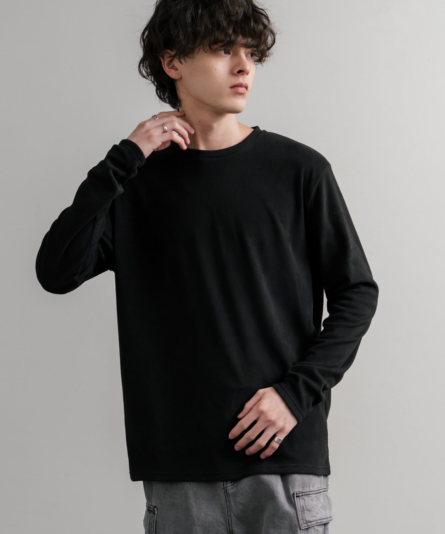 ロッキーモンロー Rocky Monroe カットソー フリース 長袖 メンズ レディース Tシャツ ロンT リラックス ストレッチ 無地 クルーネック 保温 ベーシック シンプル カジュアル 14854 (3.ブラック) 3.ブラック