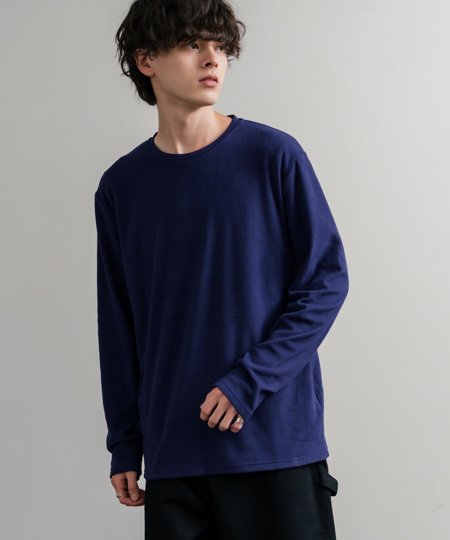 ロッキーモンロー Rocky Monroe カットソー フリース 長袖 メンズ レディース Tシャツ ロンT リラックス ストレッチ 無地 クルーネック 保温 ベーシック シンプル カジュアル 14854 (6.ネイビー) 6.ネイビー