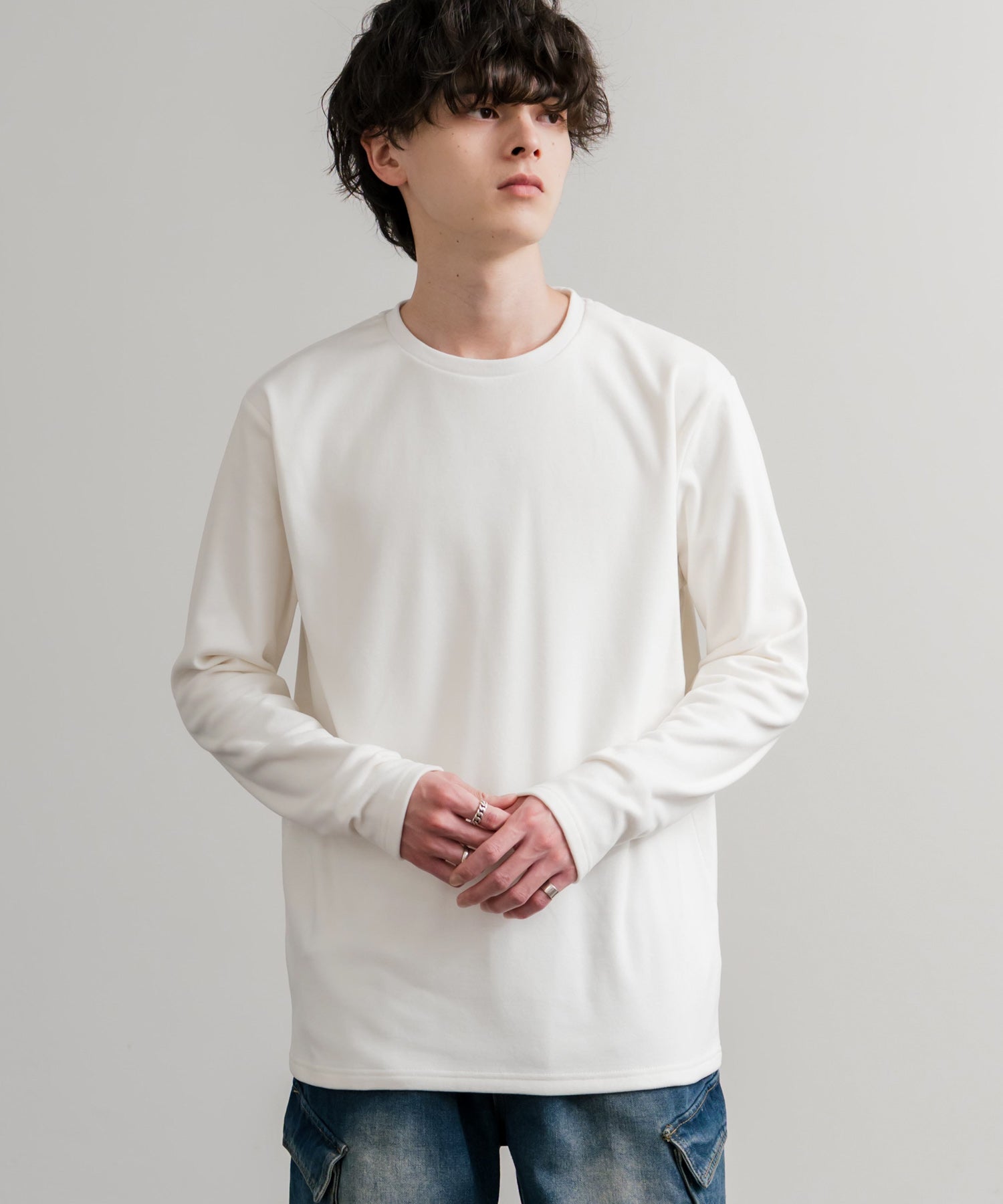 ロッキーモンロー Rocky Monroe カットソー フリース 長袖 メンズ レディース Tシャツ ロンT リラックス ストレッチ 無地 クルーネック 保温 ベーシック シンプル カジュアル 14854 (1.オフホワイト) 1.オフホワイト