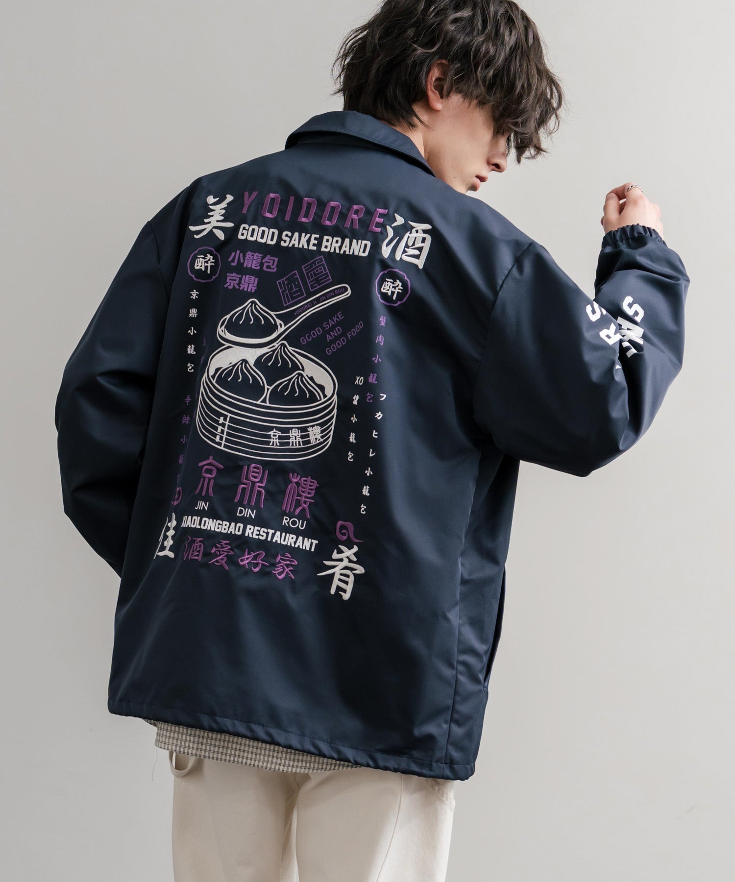 ロッキーモンロー Rocky Monroe コーチジャケット コラボ YOIDORE 京鼎樓 小籠包 ライトアウター ブルゾン メンズ レディース オーバーサイズ ビッグシルエット ルーズ 14889 (39.ネイビー) 39.ネイビー