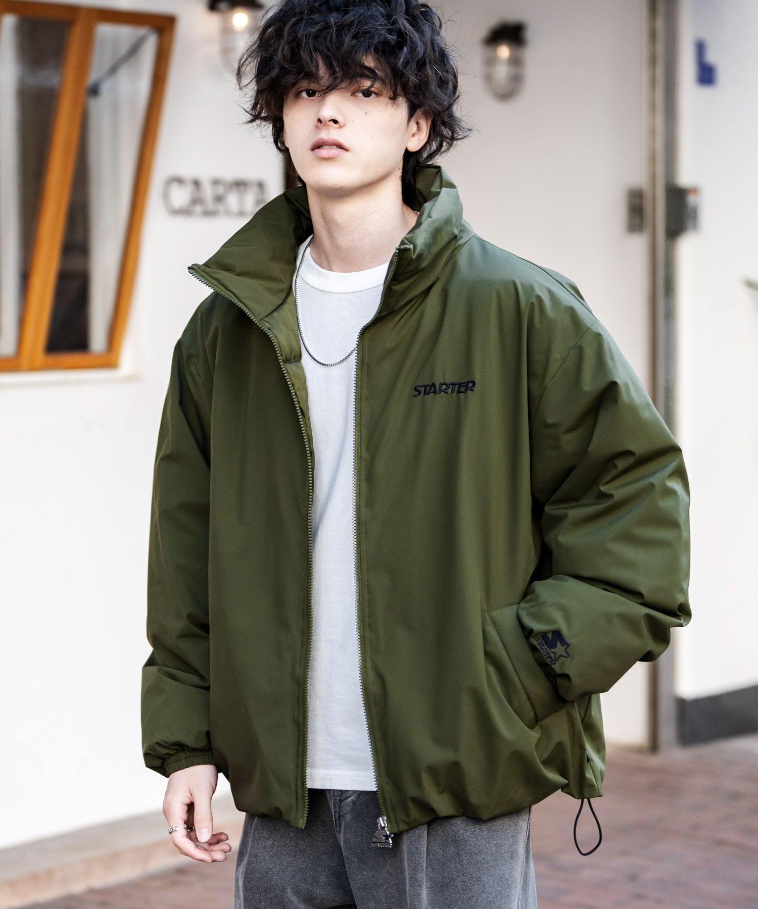 ロッキーモンロー Rocky Monroe ファイバーダウンジャケット 中綿 アウター メンズ レディース ブルゾン ロゴ 刺繍 ワンポイント 撥水 STARTER BLACK LABEL 15012 (カーキ) カーキ