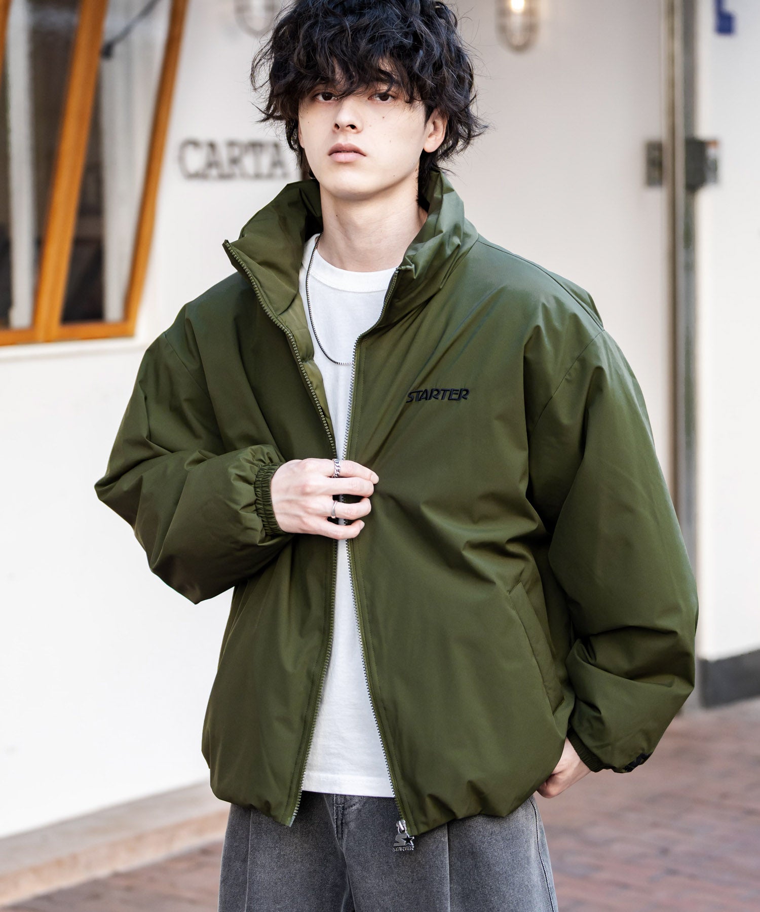 ロッキーモンロー Rocky Monroe ファイバーダウンジャケット 中綿 アウター メンズ レディース ブルゾン ロゴ 刺繍 ワンポイント 撥水 STARTER BLACK LABEL 15012 (カーキ) カーキ