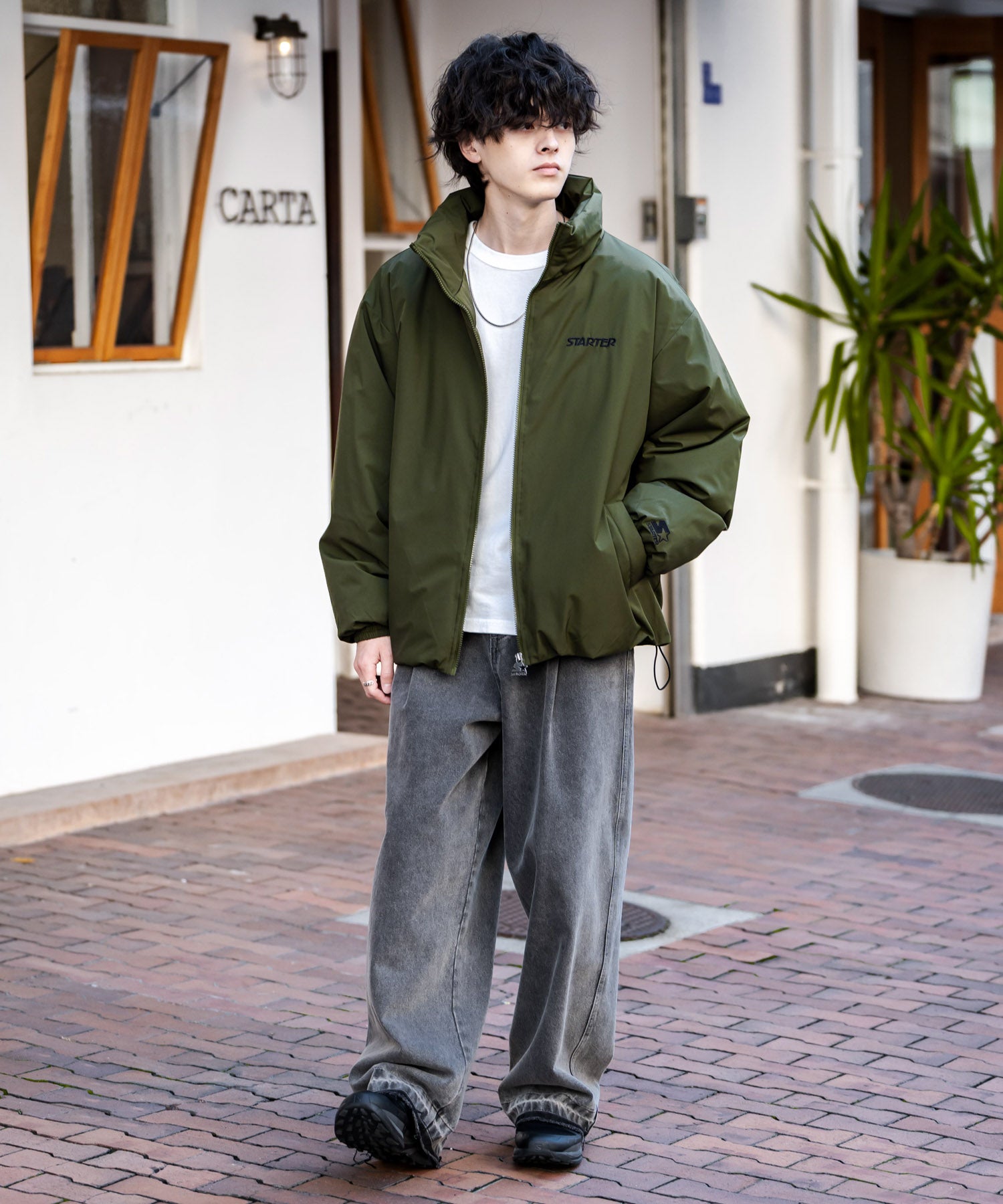 ロッキーモンロー Rocky Monroe ファイバーダウンジャケット 中綿 アウター メンズ レディース ブルゾン ロゴ 刺繍 ワンポイント 撥水 STARTER BLACK LABEL 15012 (カーキ) カーキ