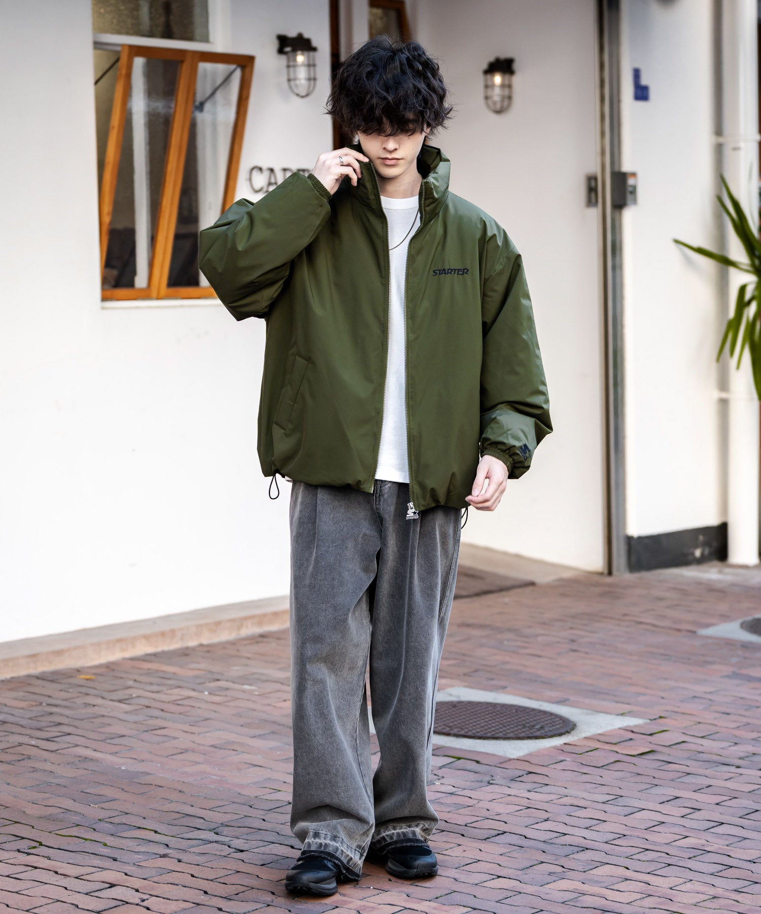 ロッキーモンロー Rocky Monroe ファイバーダウンジャケット 中綿 アウター メンズ レディース ブルゾン ロゴ 刺繍 ワンポイント 撥水 STARTER BLACK LABEL 15012 (カーキ) カーキ