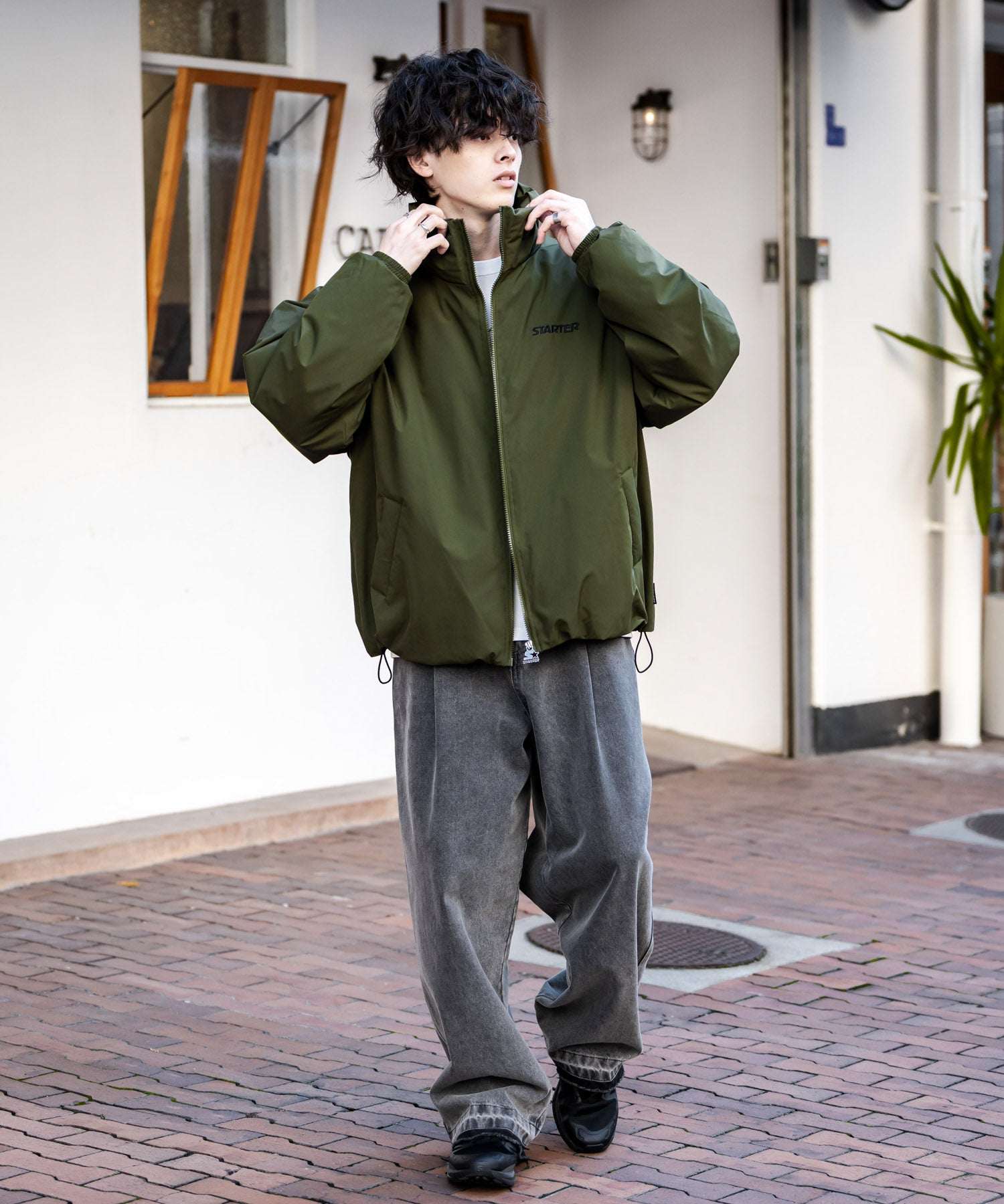 ロッキーモンロー Rocky Monroe ファイバーダウンジャケット 中綿 アウター メンズ レディース ブルゾン ロゴ 刺繍 ワンポイント 撥水 STARTER BLACK LABEL 15012 (カーキ) カーキ