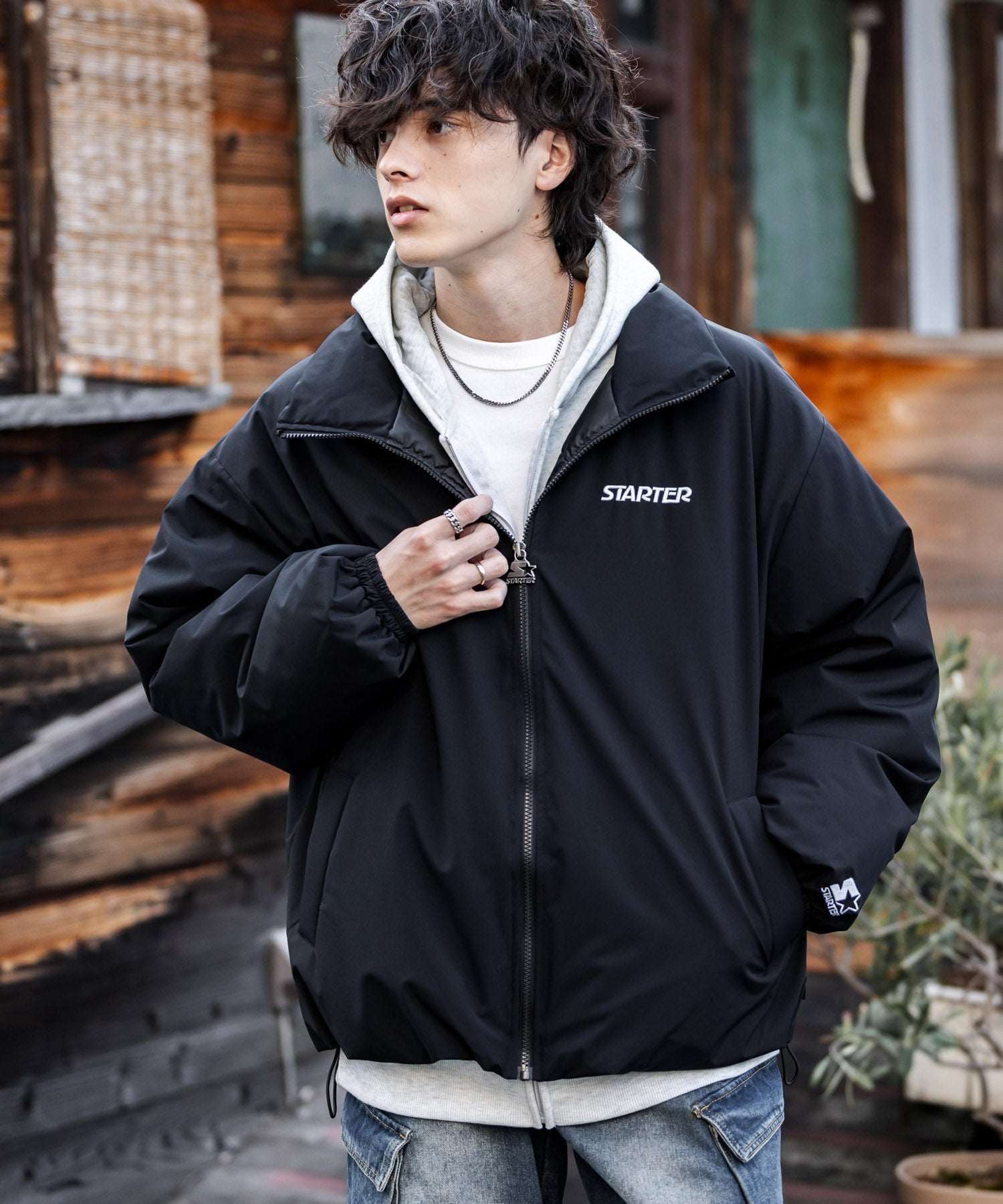 ロッキーモンロー Rocky Monroe ファイバーダウンジャケット 中綿 アウター メンズ レディース ブルゾン ロゴ 刺繍 ワンポイント 撥水 STARTER BLACK LABEL 15012 (カーキ) カーキ