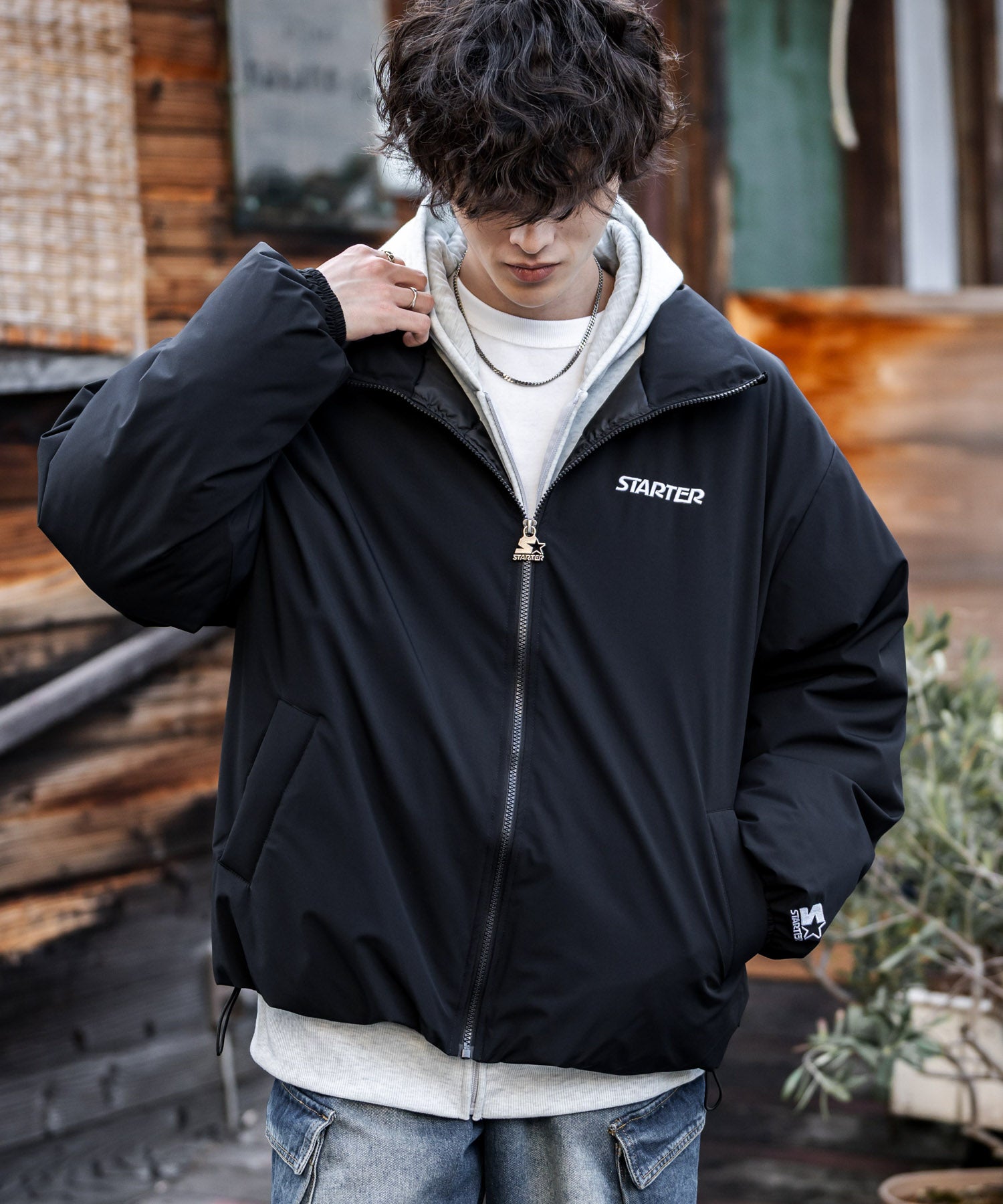 ロッキーモンロー Rocky Monroe ファイバーダウンジャケット 中綿 アウター メンズ レディース ブルゾン ロゴ 刺繍 ワンポイント 撥水 STARTER BLACK LABEL 15012 (カーキ) カーキ