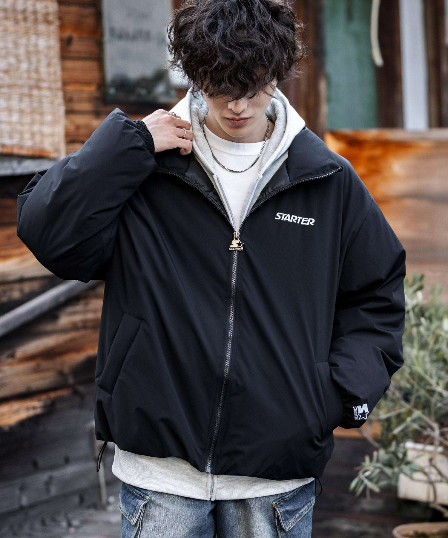 ロッキーモンロー Rocky Monroe ファイバーダウンジャケット 中綿 アウター メンズ レディース ブルゾン ロゴ 刺繍 ワンポイント 撥水 STARTER BLACK LABEL 15012 (カーキ) カーキ