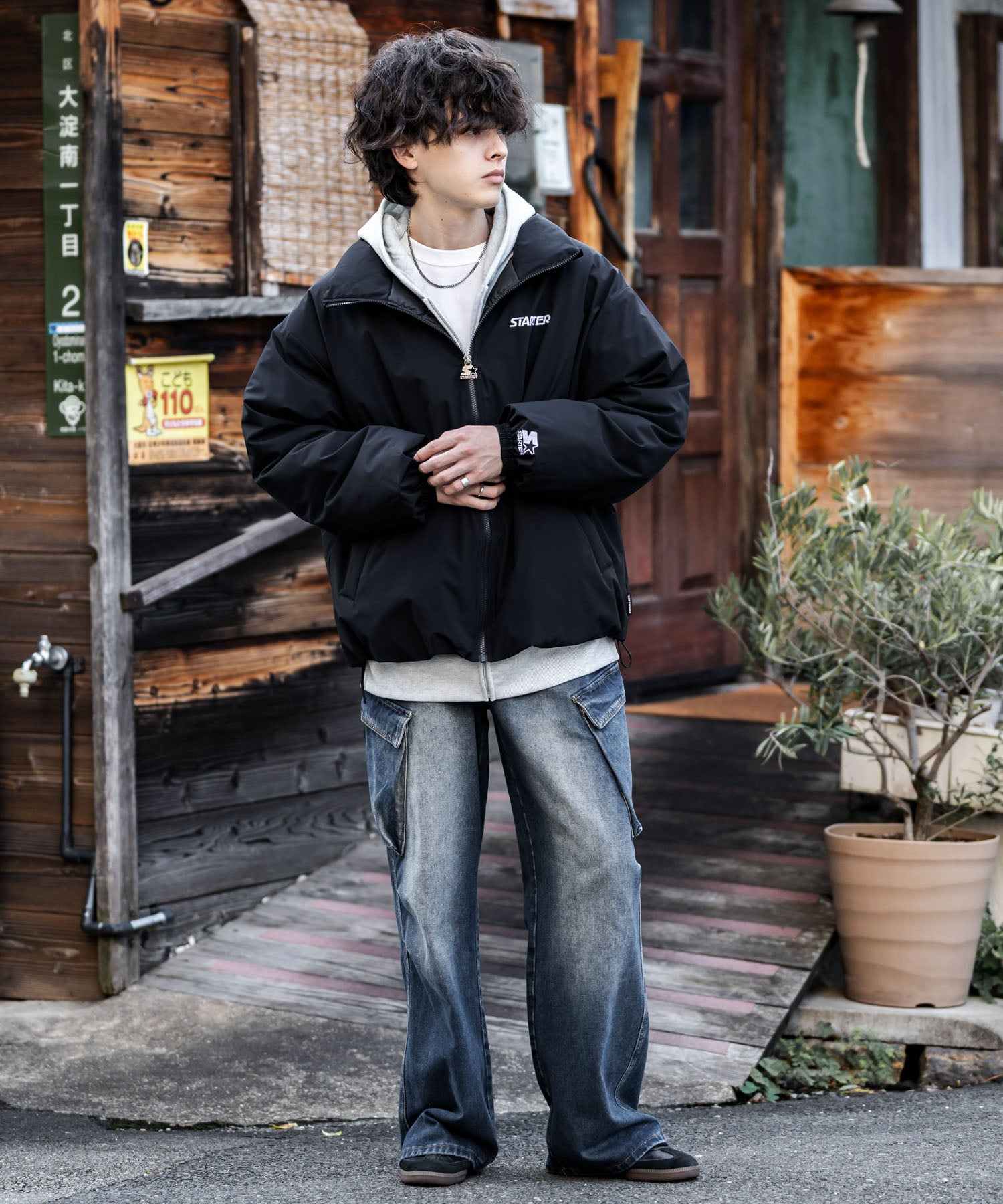 ロッキーモンロー Rocky Monroe ファイバーダウンジャケット 中綿 アウター メンズ レディース ブルゾン ロゴ 刺繍 ワンポイント 撥水 STARTER BLACK LABEL 15012 (カーキ) カーキ