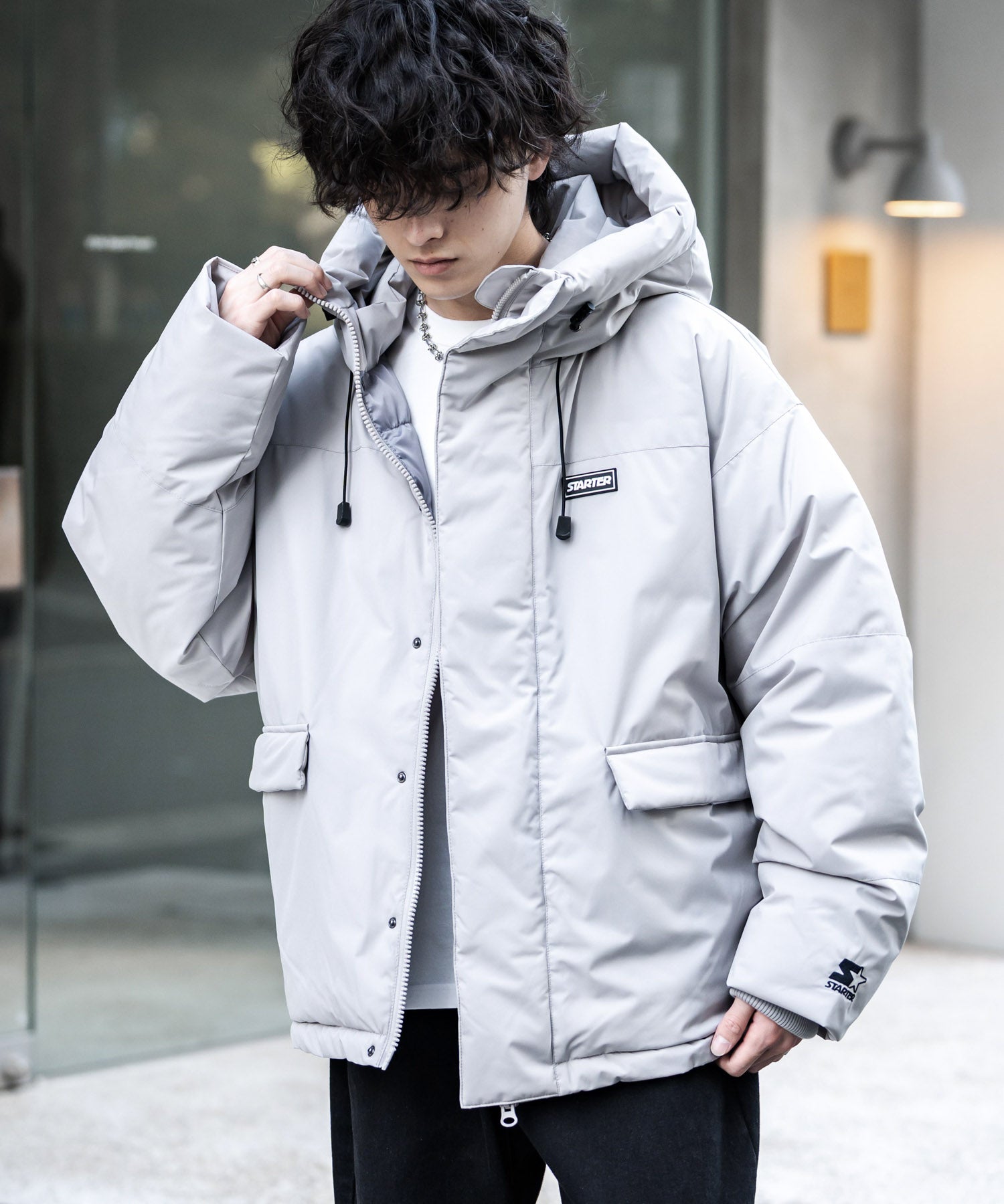 ロッキーモンロー Rocky Monroe ファイバーダウンジャケット 中綿 アウター フードジャケット メンズ レディース ブルゾン ロゴ 刺繍 STARTER BLACK LABEL 15013 (グレー) グレー