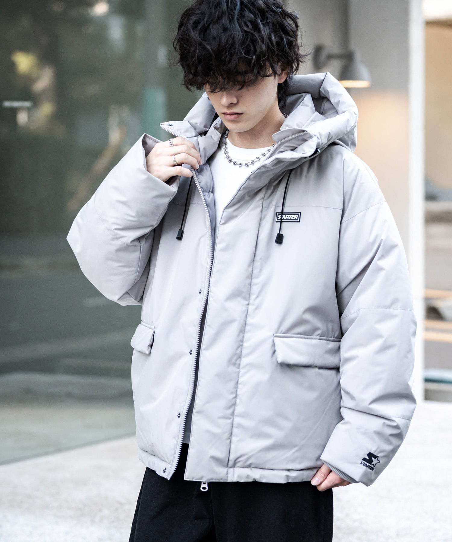 ロッキーモンロー Rocky Monroe ファイバーダウンジャケット 中綿 アウター フードジャケット メンズ レディース ブルゾン ロゴ 刺繍 STARTER BLACK LABEL 15013 (グレー) グレー