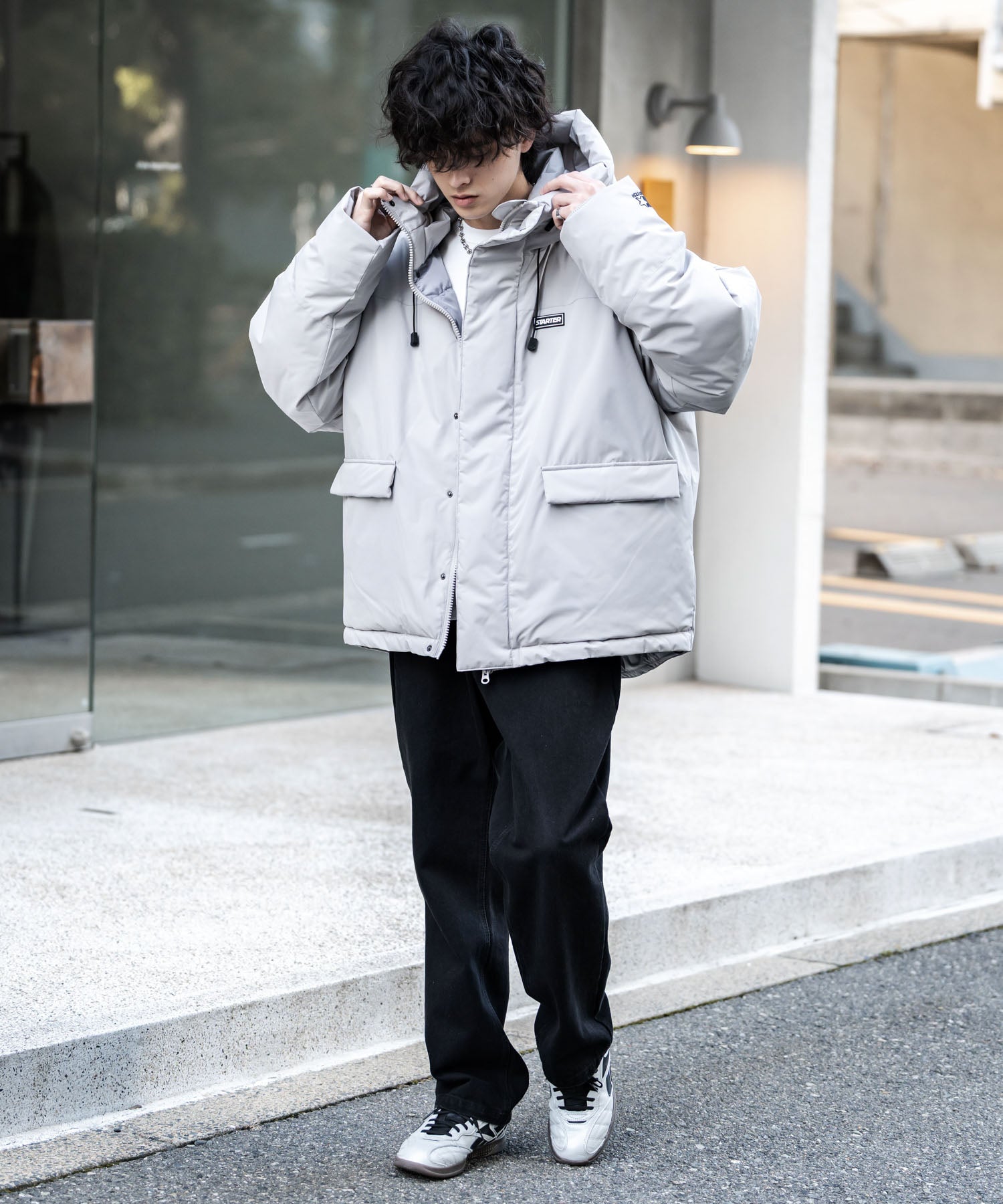 ロッキーモンロー Rocky Monroe ファイバーダウンジャケット 中綿 アウター フードジャケット メンズ レディース ブルゾン ロゴ 刺繍 STARTER BLACK LABEL 15013 (グレー) グレー