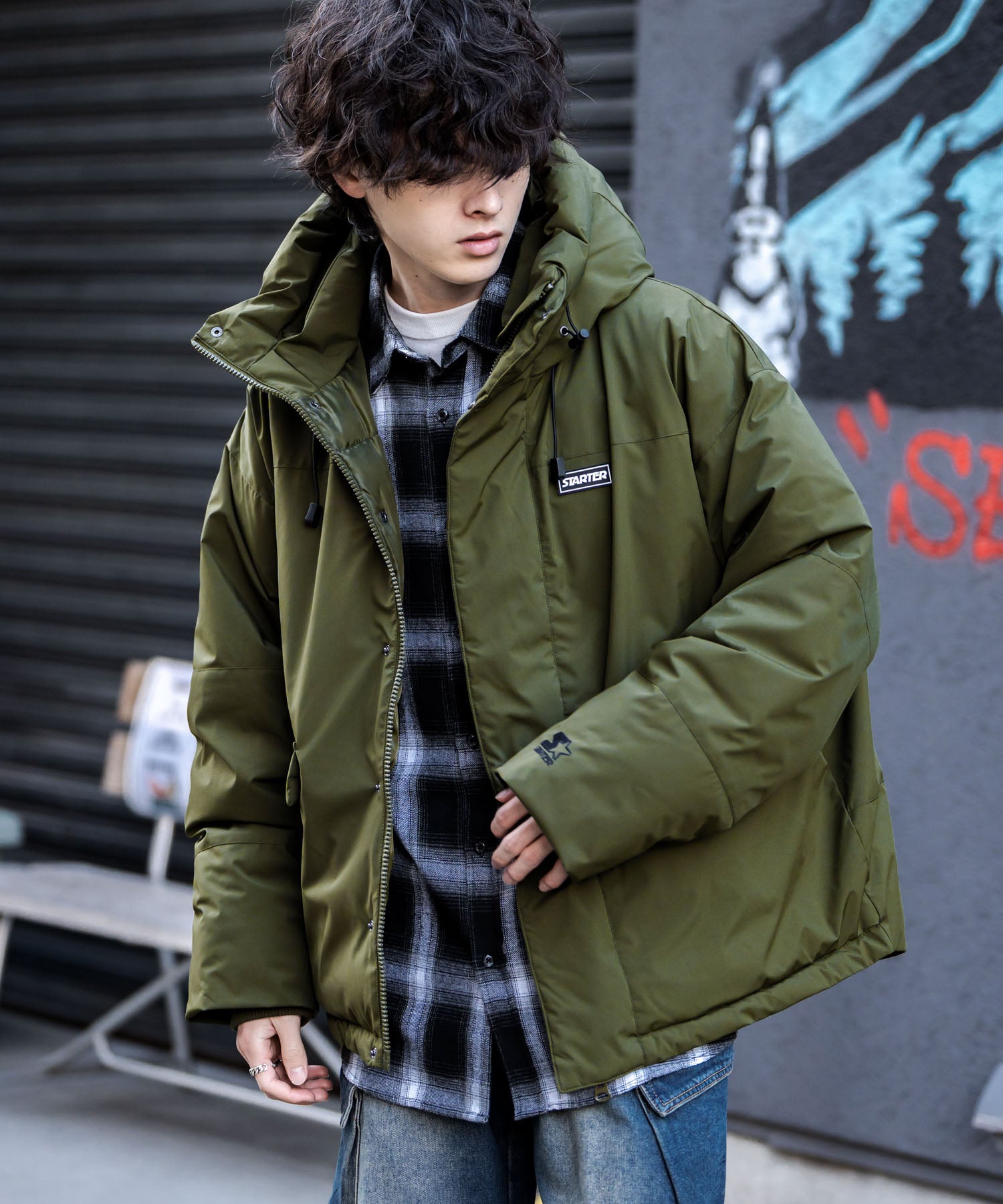 ロッキーモンロー Rocky Monroe ファイバーダウンジャケット 中綿 アウター フードジャケット メンズ レディース ブルゾン ロゴ 刺繍 STARTER BLACK LABEL 15013 (カーキ) カーキ