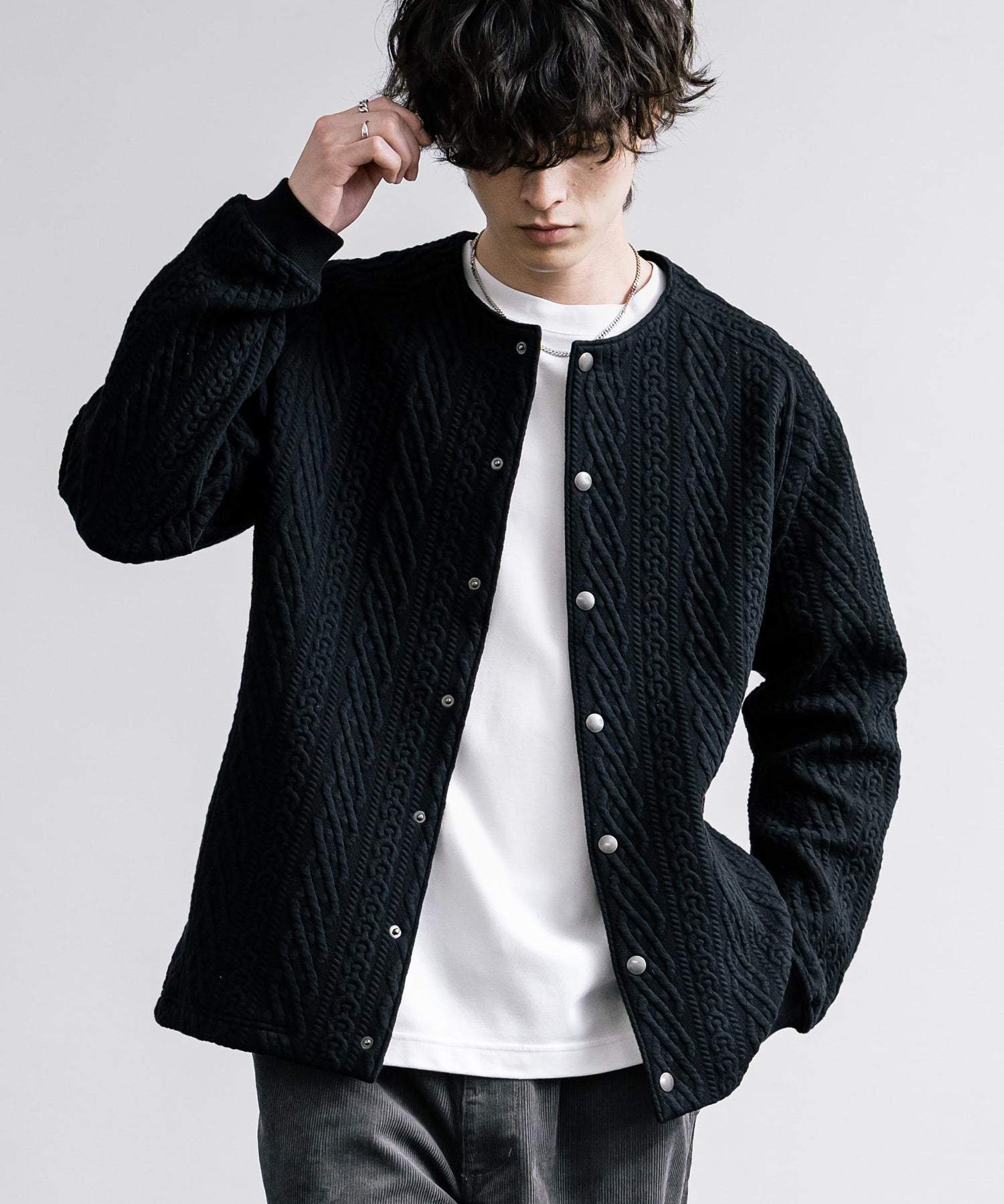 ロッキーモンロー Rocky Monroe ノーカラージャケット ブルゾン キルティングライナー メンズ カーディガン クロス ケーブル 国産 Upscape Audience AUD7330 15388 (ケーブルブラック) ケーブルブラック