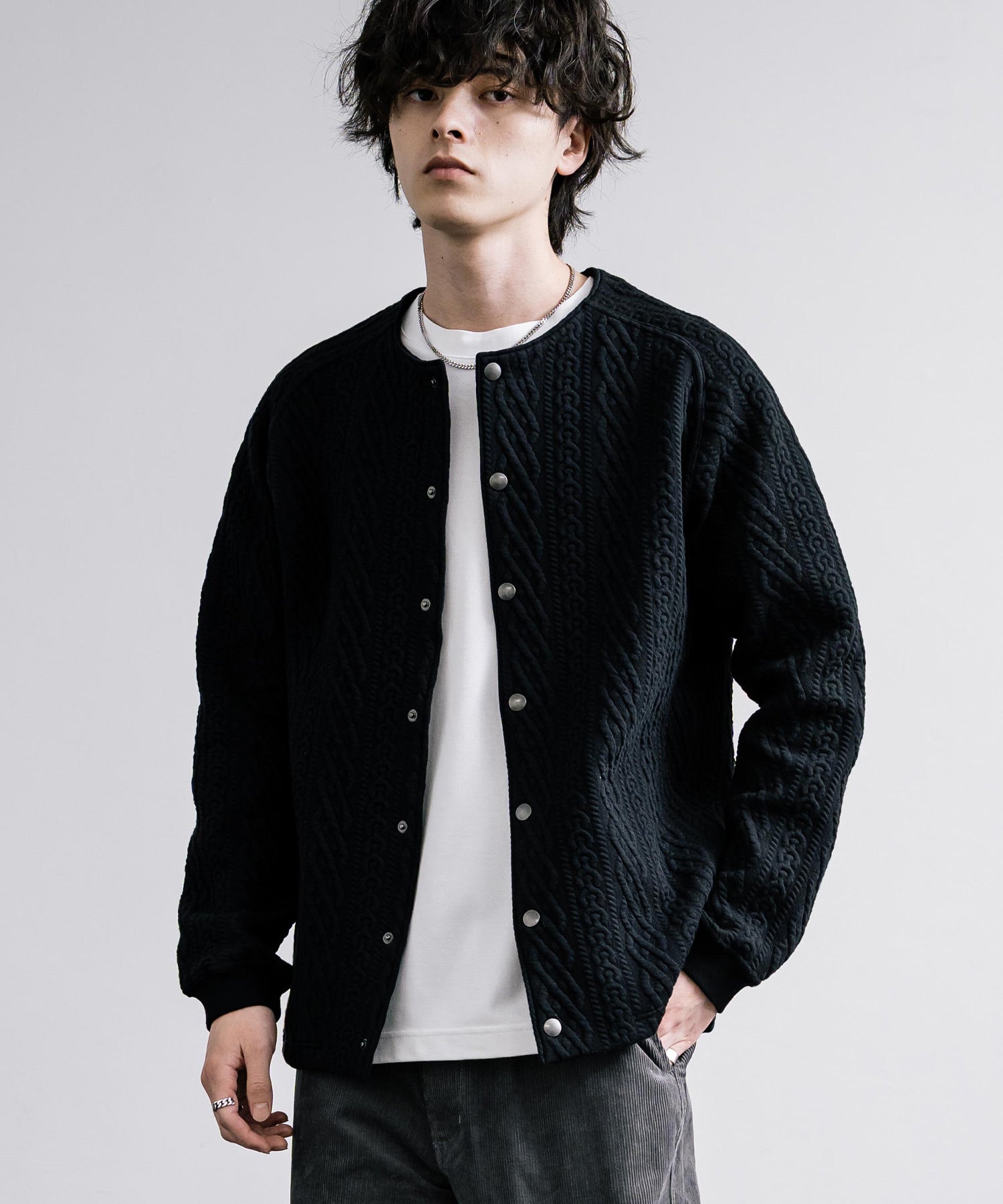 ロッキーモンロー Rocky Monroe ノーカラージャケット ブルゾン キルティングライナー メンズ カーディガン クロス ケーブル 国産 Upscape Audience AUD7330 15388 (ケーブルブラック) ケーブルブラック