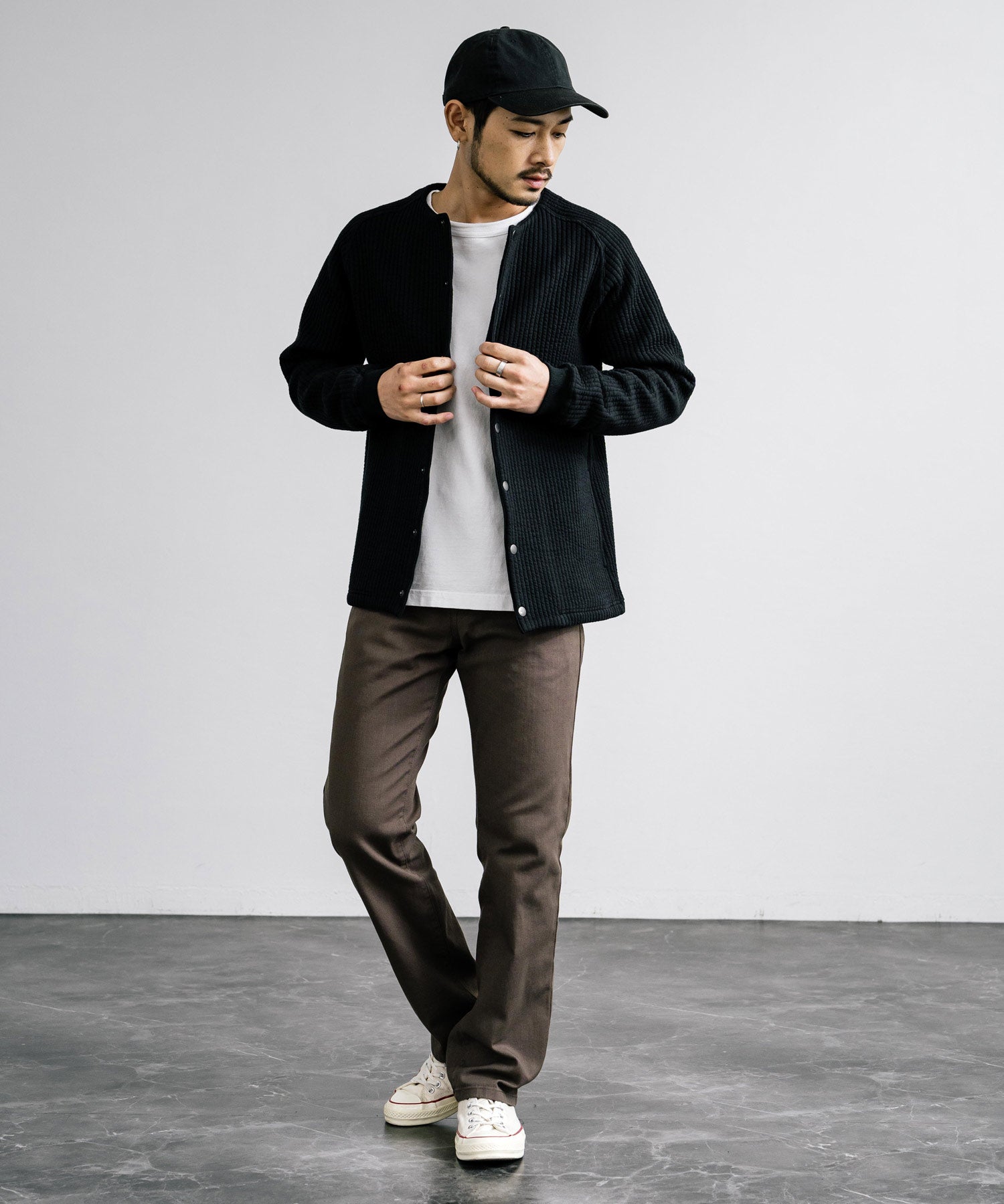 ロッキーモンロー Rocky Monroe ノーカラージャケット ブルゾン キルティングライナー メンズ カーディガン クロス ケーブル 国産 Upscape Audience AUD7330 15388 (ケーブルブラック) ケーブルブラック