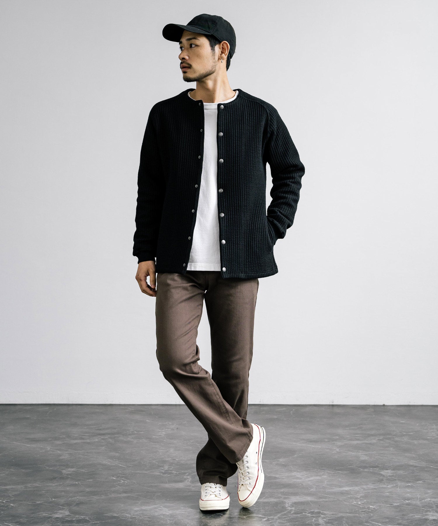 ロッキーモンロー Rocky Monroe ノーカラージャケット ブルゾン キルティングライナー メンズ カーディガン クロス ケーブル 国産 Upscape Audience AUD7330 15388 (ケーブルブラック) ケーブルブラック