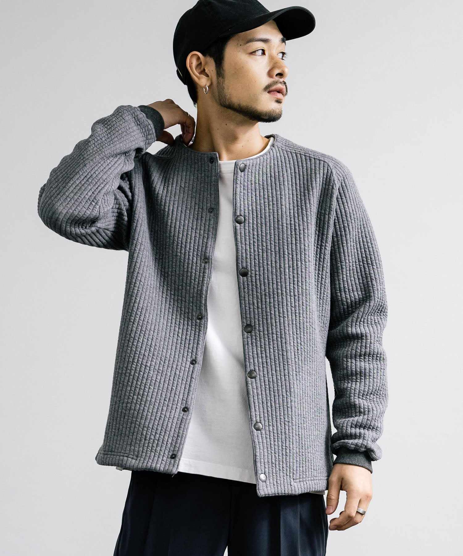 ロッキーモンロー Rocky Monroe ノーカラージャケット ブルゾン キルティングライナー メンズ カーディガン クロス ケーブル 国産 Upscape Audience AUD7330 15388 (ケーブルブラック) ケーブルブラック