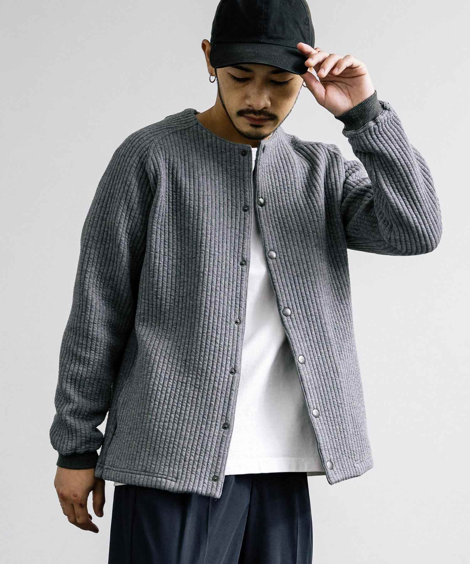 ロッキーモンロー Rocky Monroe ノーカラージャケット ブルゾン キルティングライナー メンズ カーディガン クロス ケーブル 国産 Upscape Audience AUD7330 15388 (ケーブルブラック) ケーブルブラック