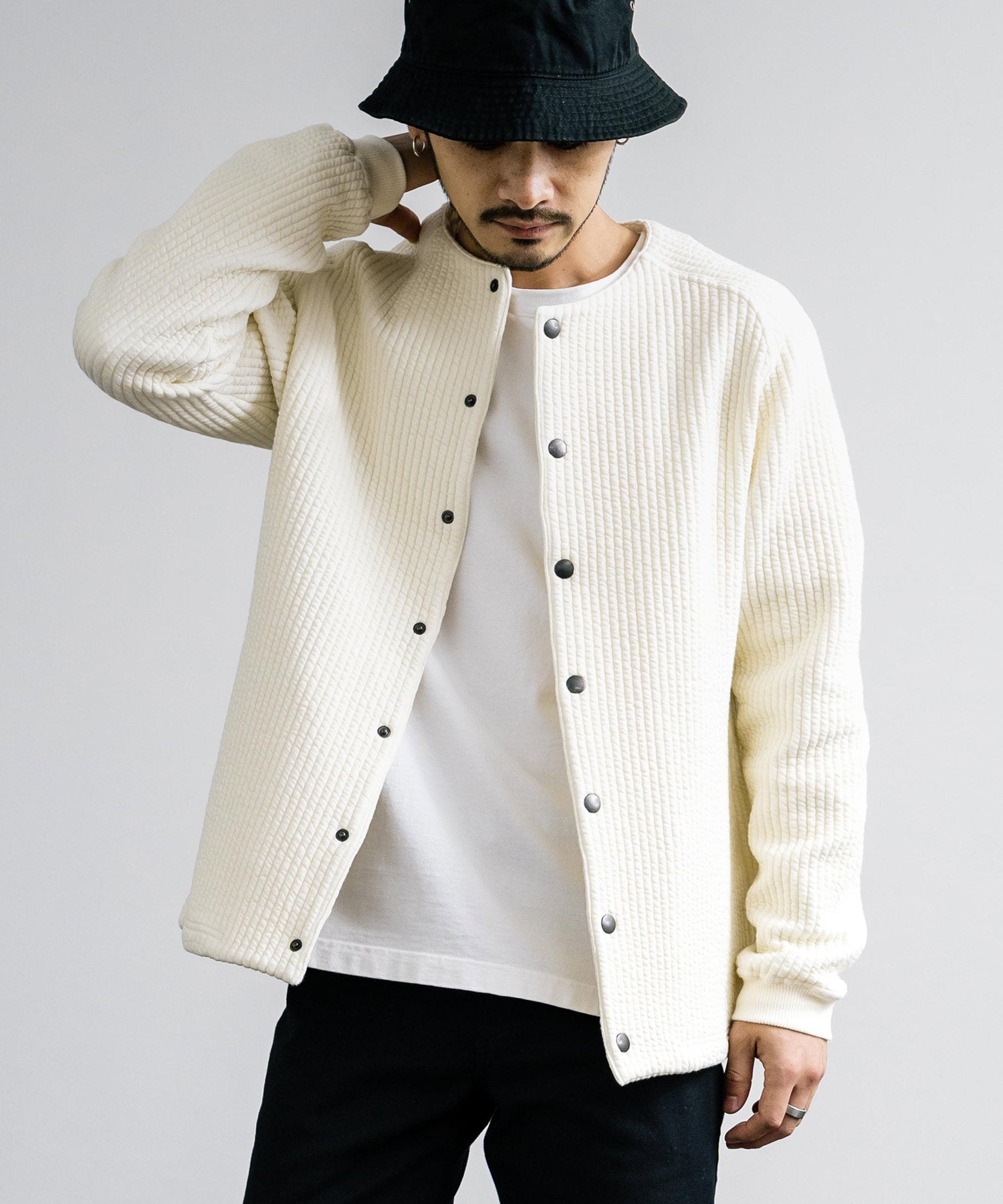 ロッキーモンロー Rocky Monroe ノーカラージャケット ブルゾン キルティングライナー メンズ カーディガン クロス ケーブル 国産 Upscape Audience AUD7330 15388 (ケーブルブラック) ケーブルブラック