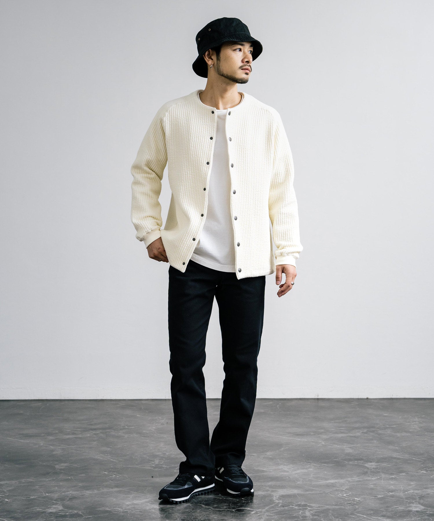 ロッキーモンロー Rocky Monroe ノーカラージャケット ブルゾン キルティングライナー メンズ カーディガン クロス ケーブル 国産 Upscape Audience AUD7330 15388 (ケーブルブラック) ケーブルブラック