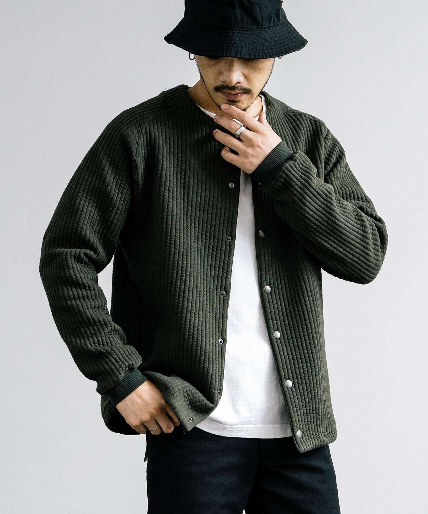 ロッキーモンロー Rocky Monroe ノーカラージャケット ブルゾン キルティングライナー メンズ カーディガン クロス ケーブル 国産 Upscape Audience AUD7330 15388 (ケーブルブラック) ケーブルブラック