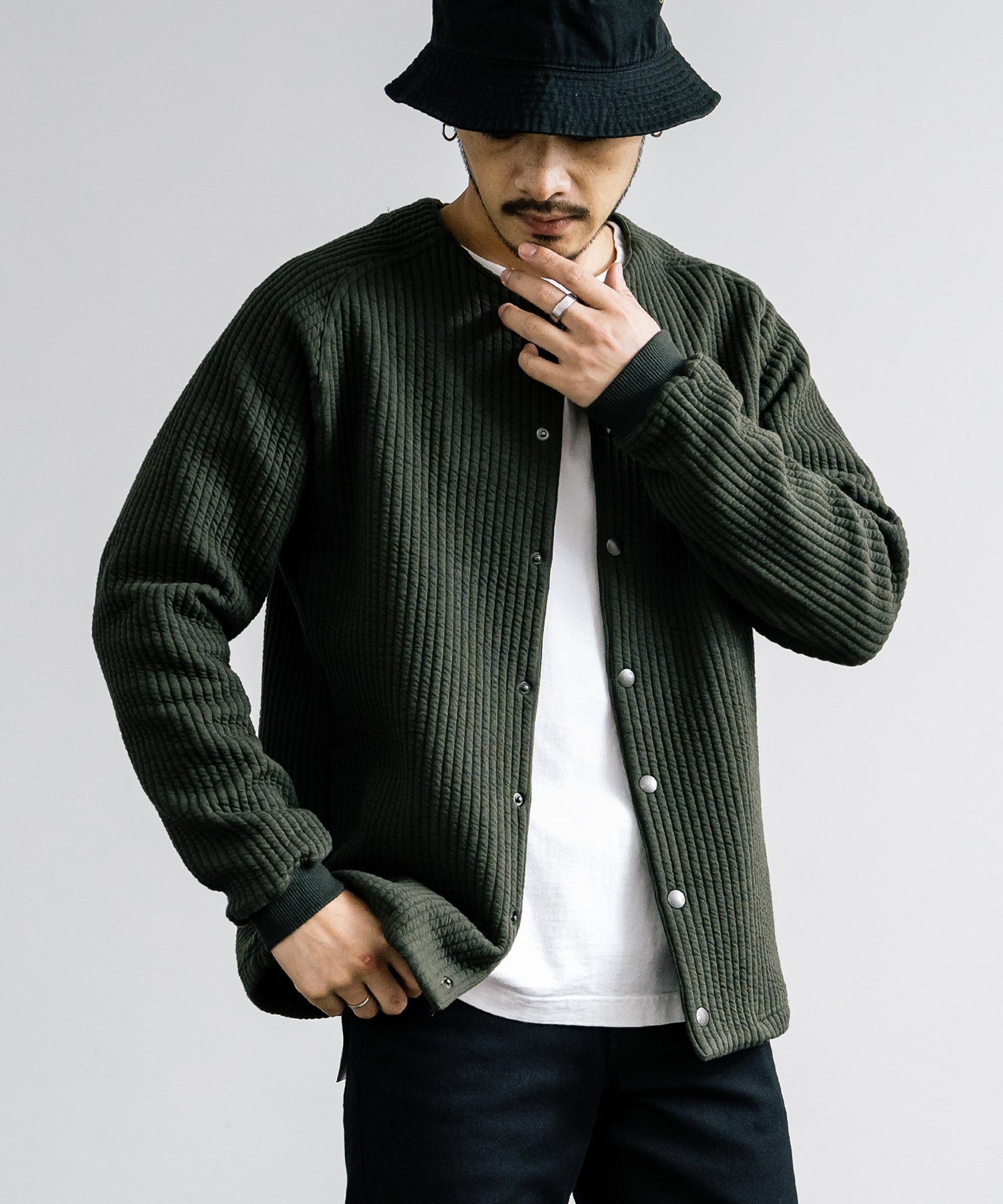 ロッキーモンロー Rocky Monroe ノーカラージャケット ブルゾン キルティングライナー メンズ カーディガン クロス ケーブル 国産 Upscape Audience AUD7330 15388 (ケーブルブラック) ケーブルブラック