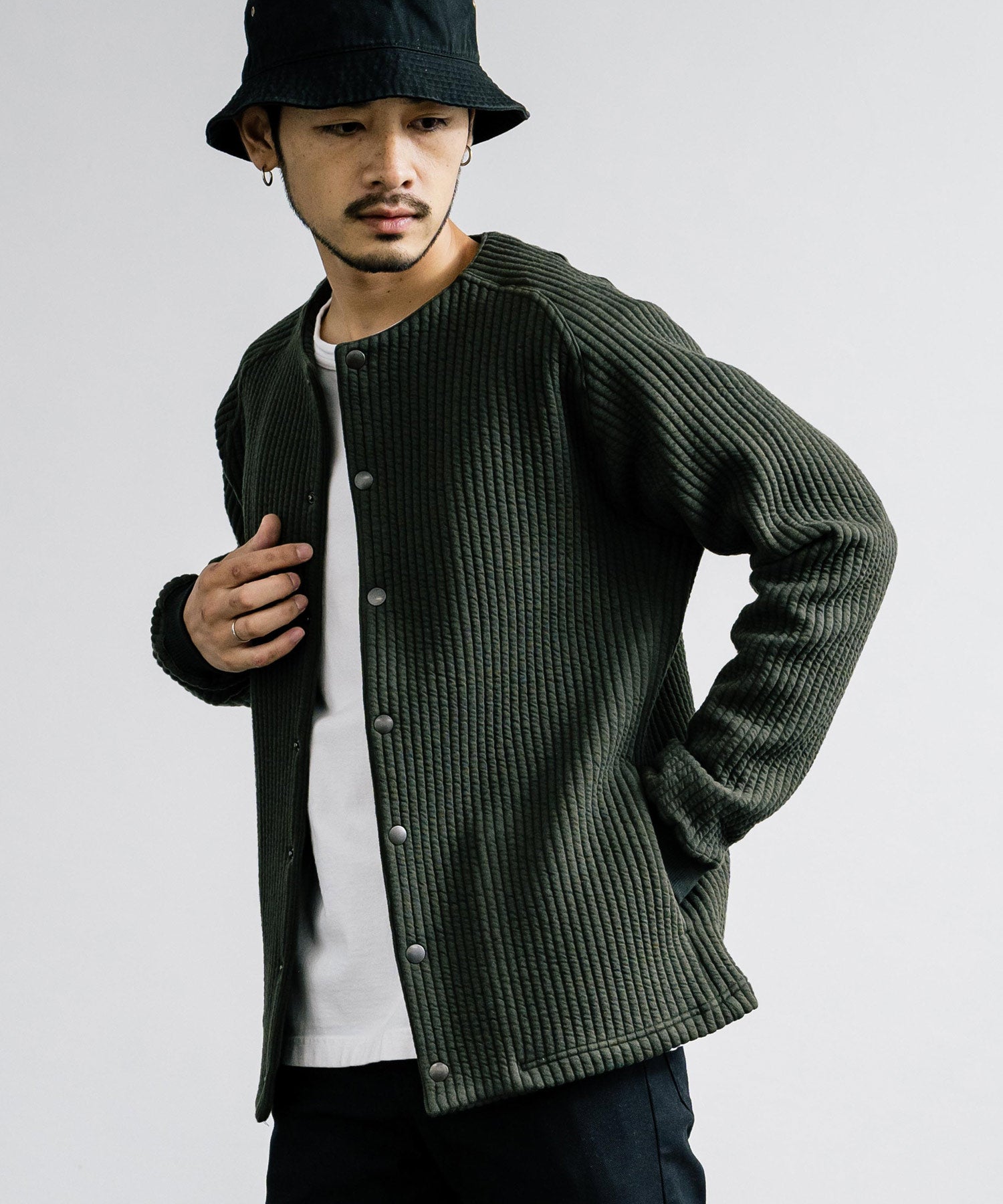 ロッキーモンロー Rocky Monroe ノーカラージャケット ブルゾン キルティングライナー メンズ カーディガン クロス ケーブル 国産 Upscape Audience AUD7330 15388 (ケーブルブラック) ケーブルブラック