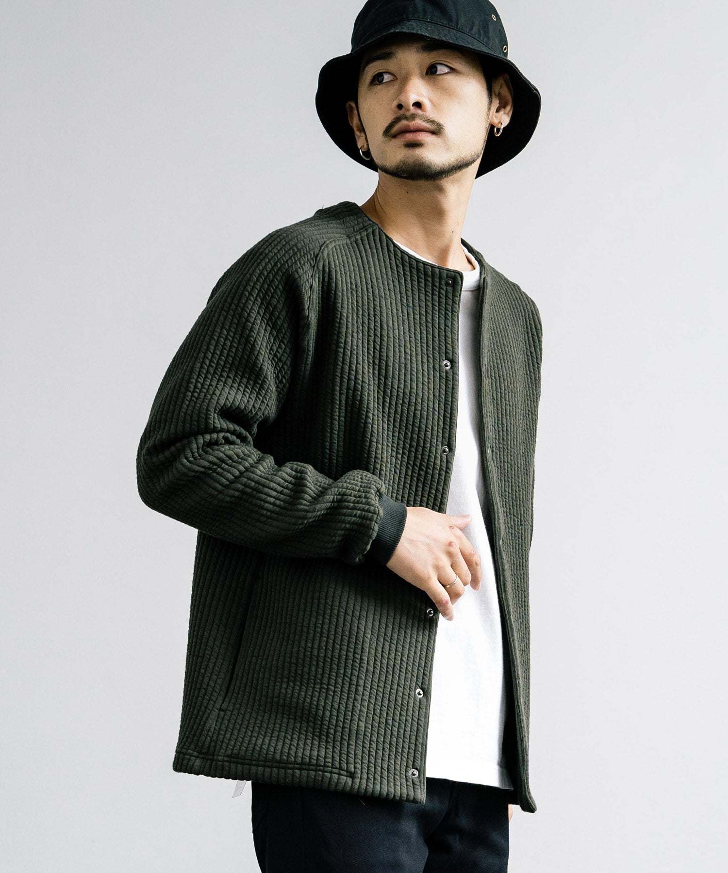 ロッキーモンロー Rocky Monroe ノーカラージャケット ブルゾン キルティングライナー メンズ カーディガン クロス ケーブル 国産 Upscape Audience AUD7330 15388 (ケーブルブラック) ケーブルブラック