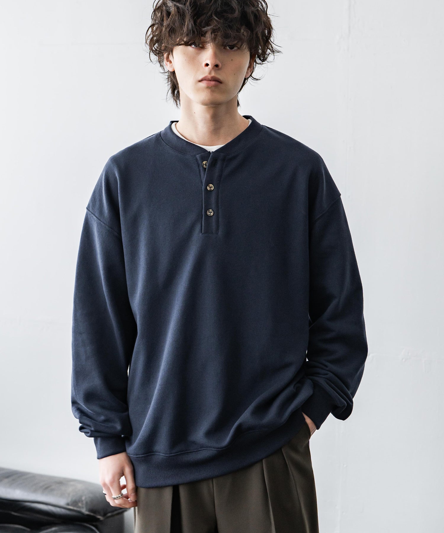 ロッキーモンロー Rocky Monroe トレーナー スウェット 裏毛 ヘンリーネック メンズ レディース 裏パイル 長袖 Tシャツ カットソー オーバーサイズ レイヤード セットアップ対応 15436 (ネイビー) ネイビー